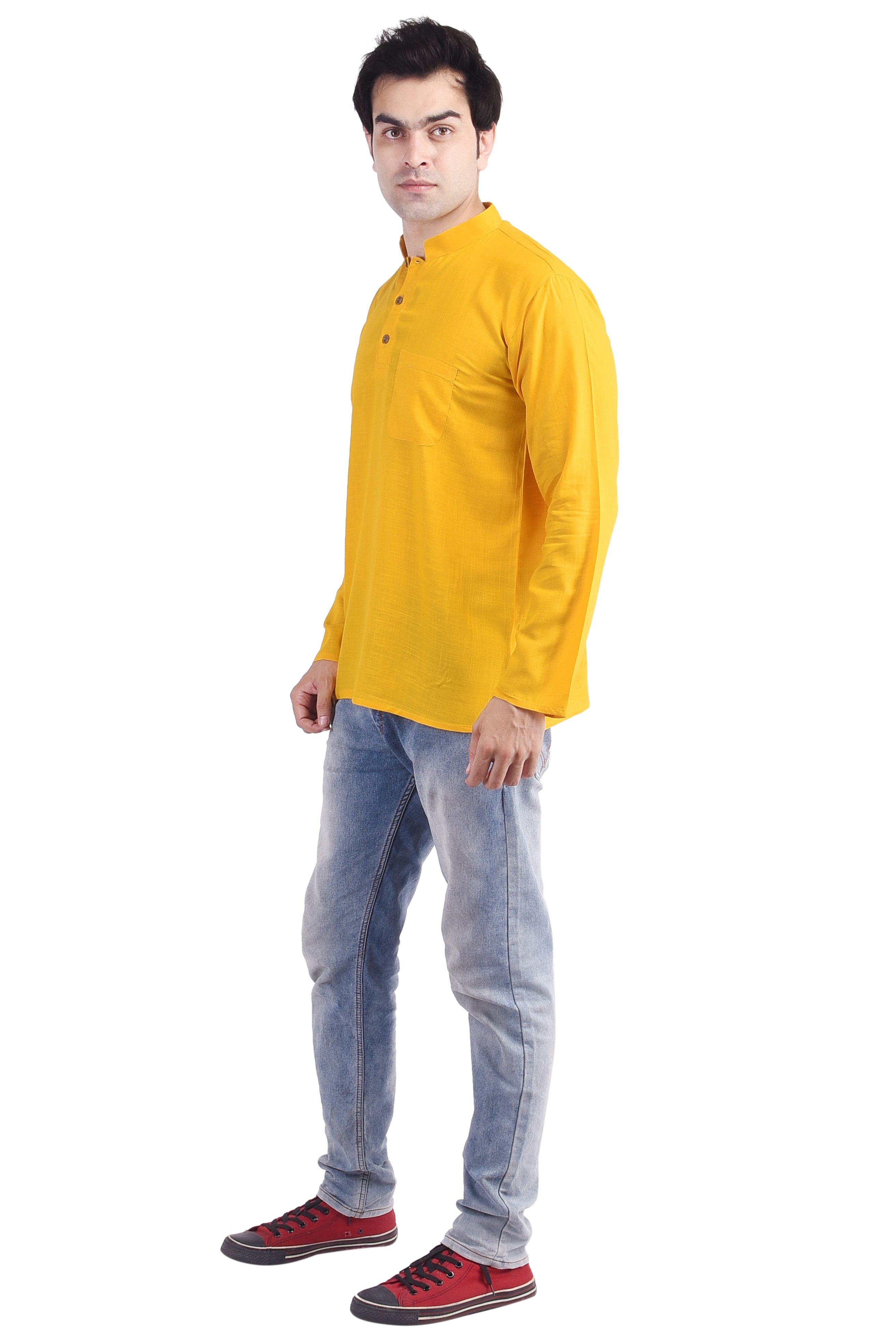 Yellow Short Rayon Slub Solid Men's Kurta