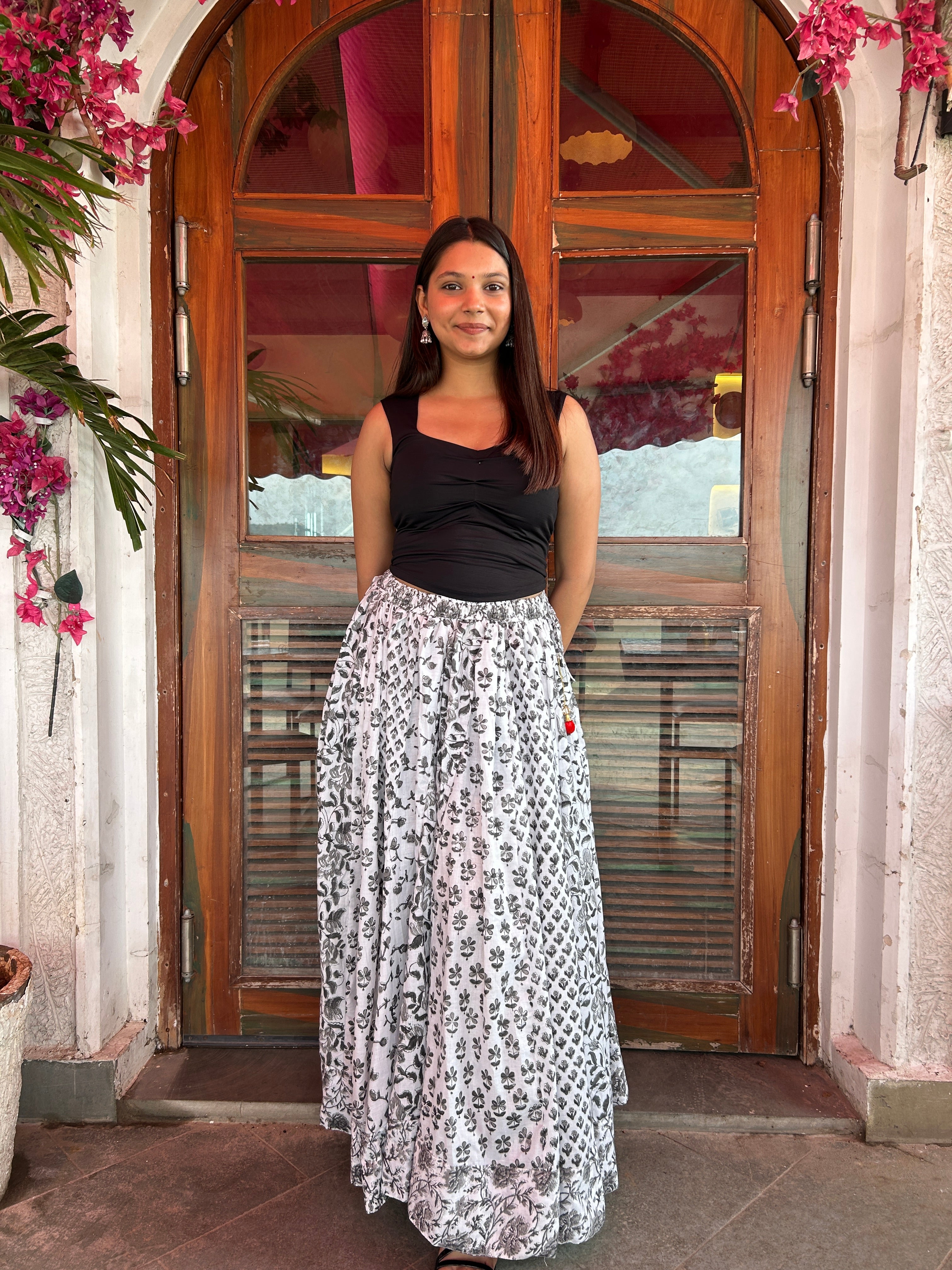 Grey Black Gulnaar Handblock Cotton Skirt