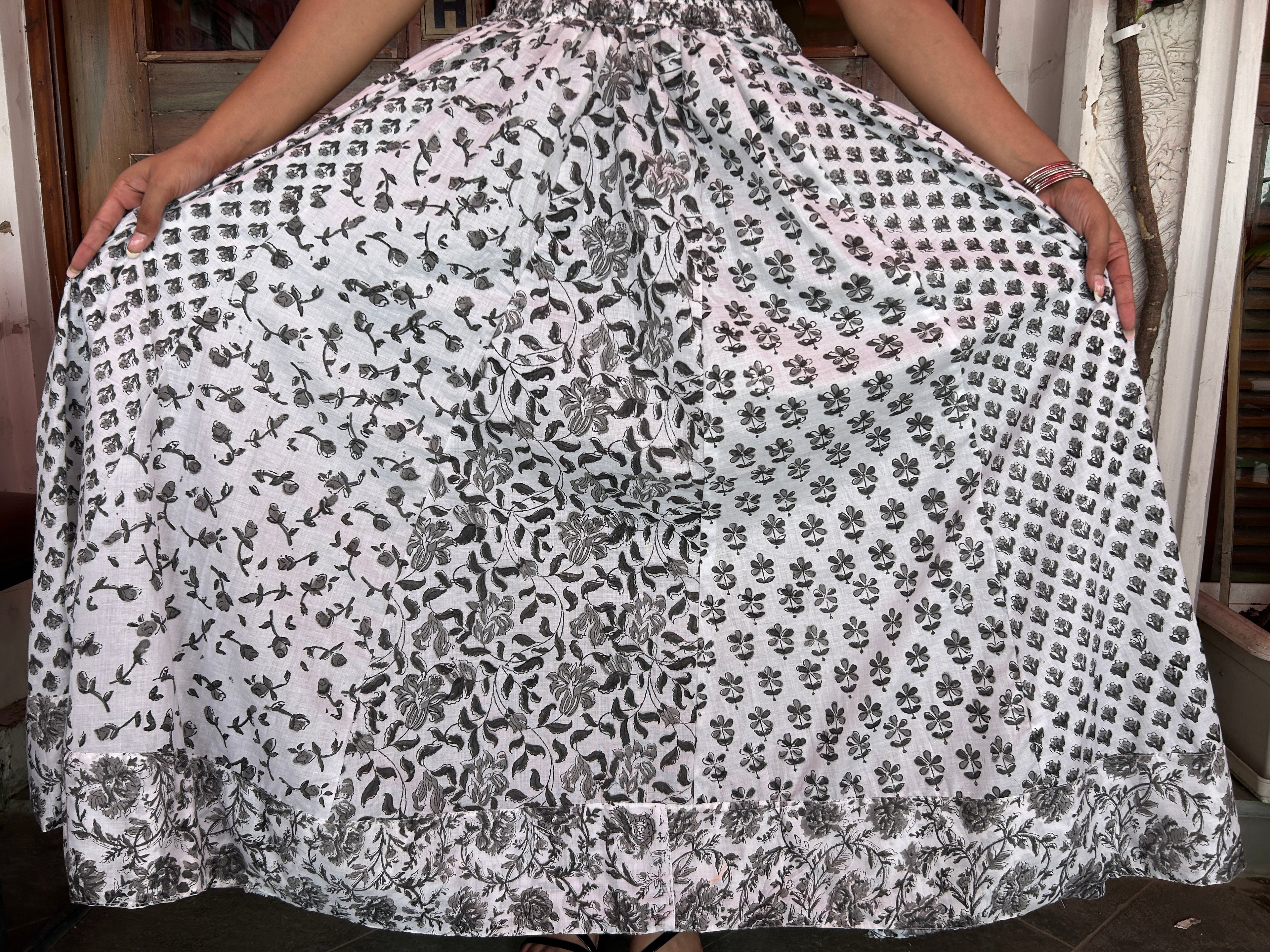 Grey Black Gulnaar Handblock Cotton Skirt