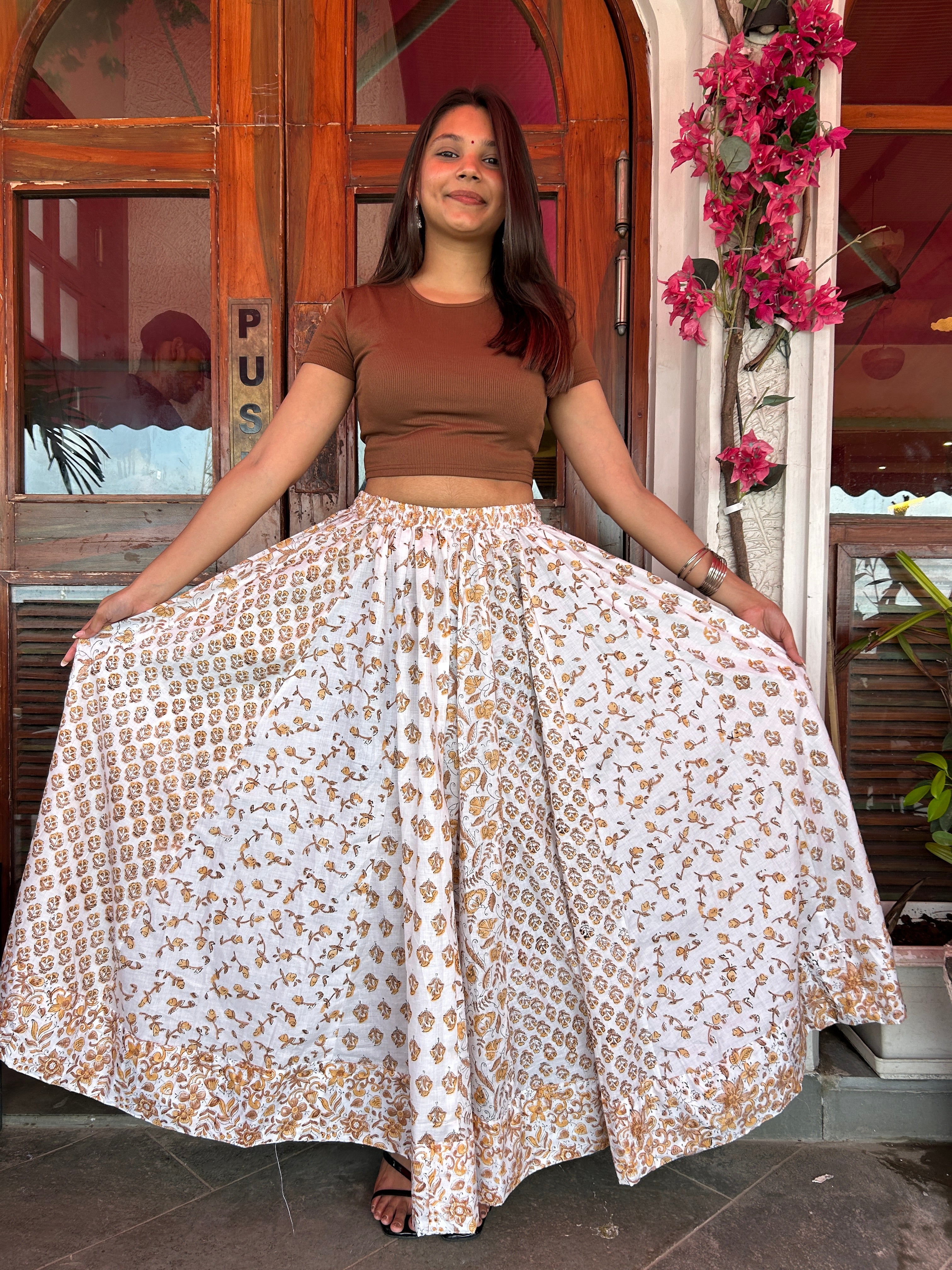 Golden Brown Gulnaar Handblock Cotton Skirt