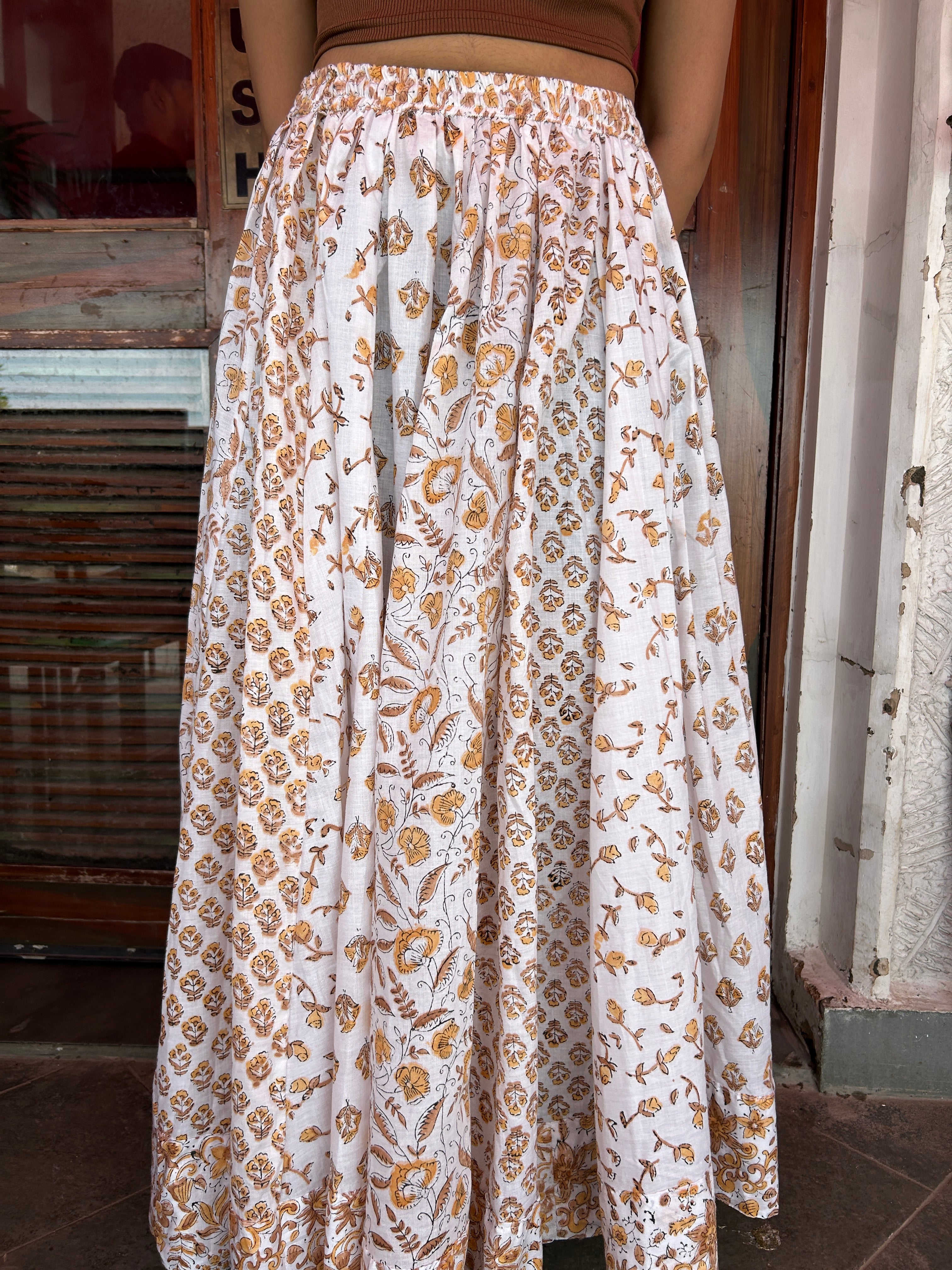 Golden Brown Gulnaar Handblock Cotton Skirt
