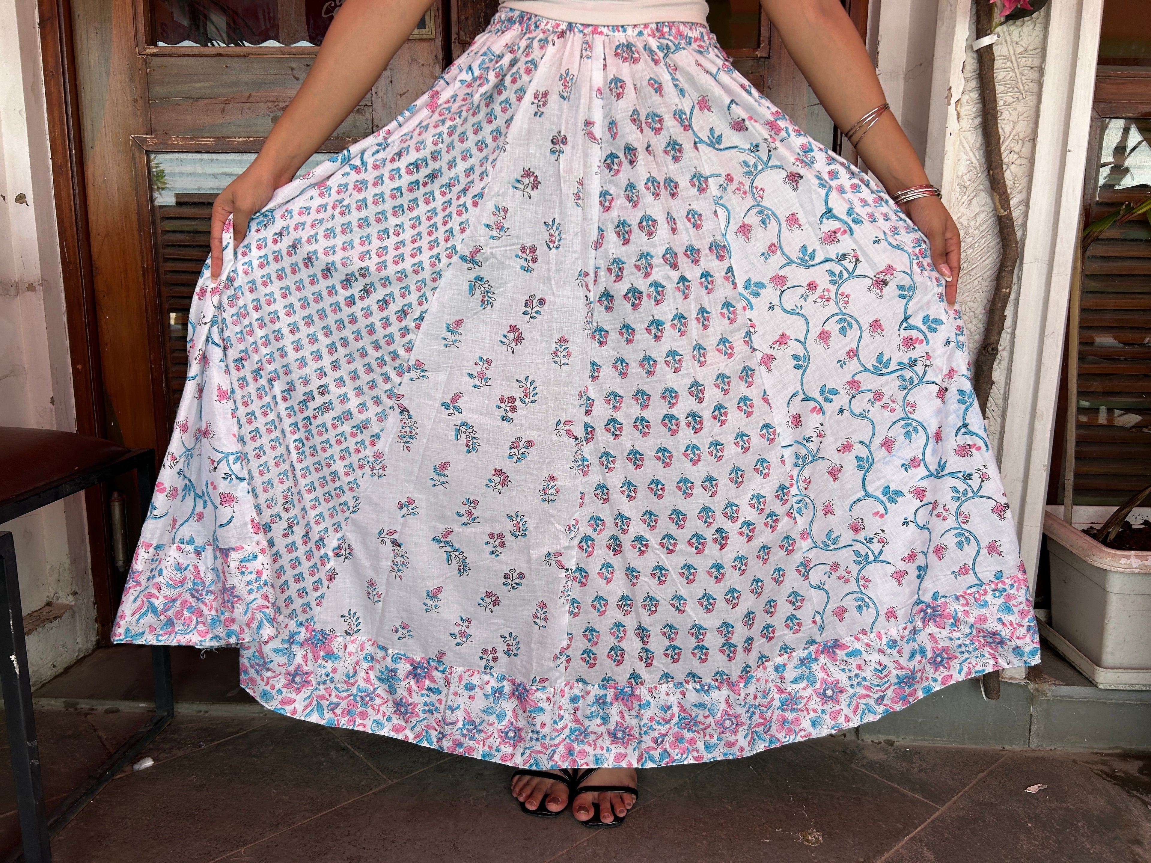 Blue-Pink Gulnaar Handblock Cotton Skirt