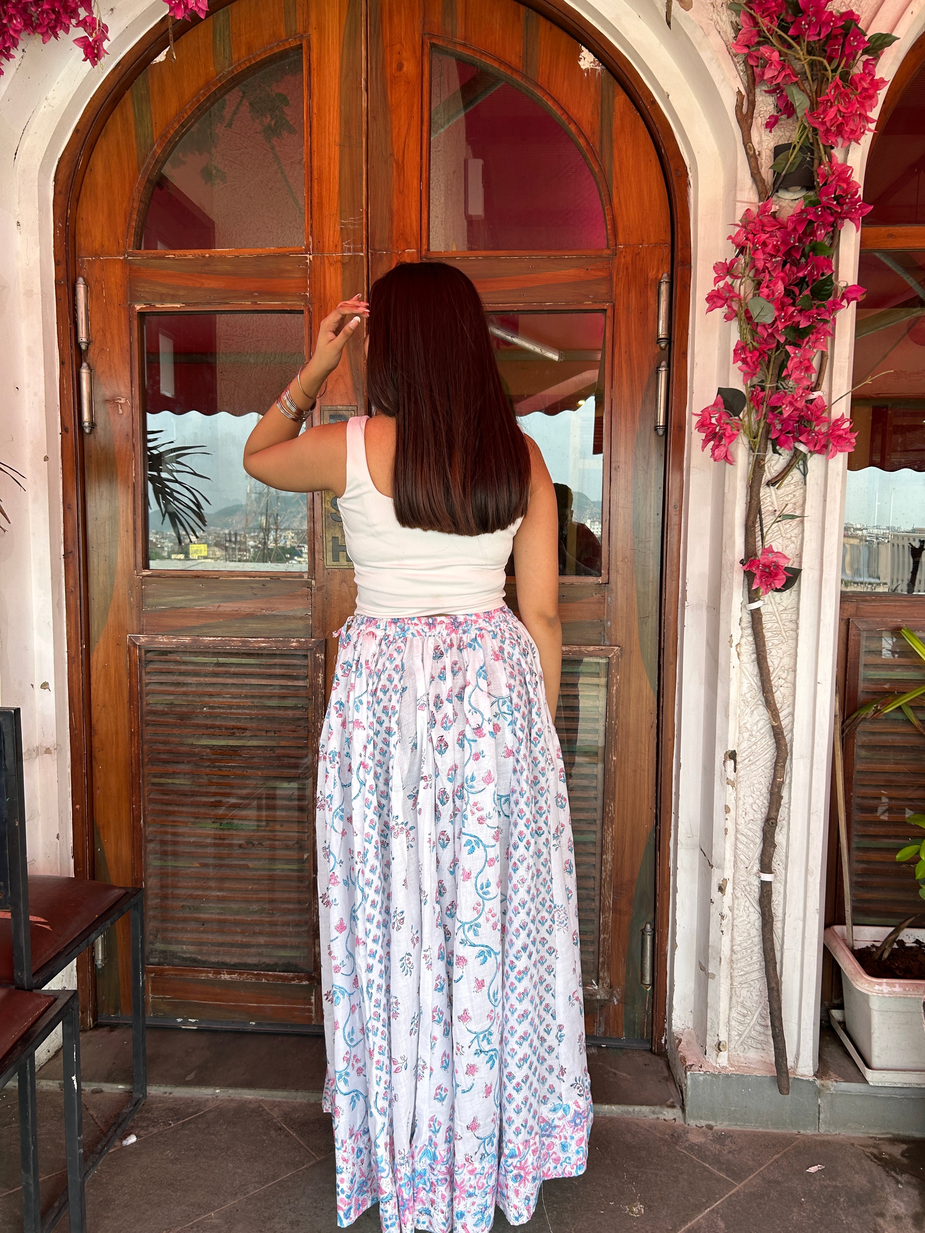 Blue-Pink Gulnaar Handblock Cotton Skirt