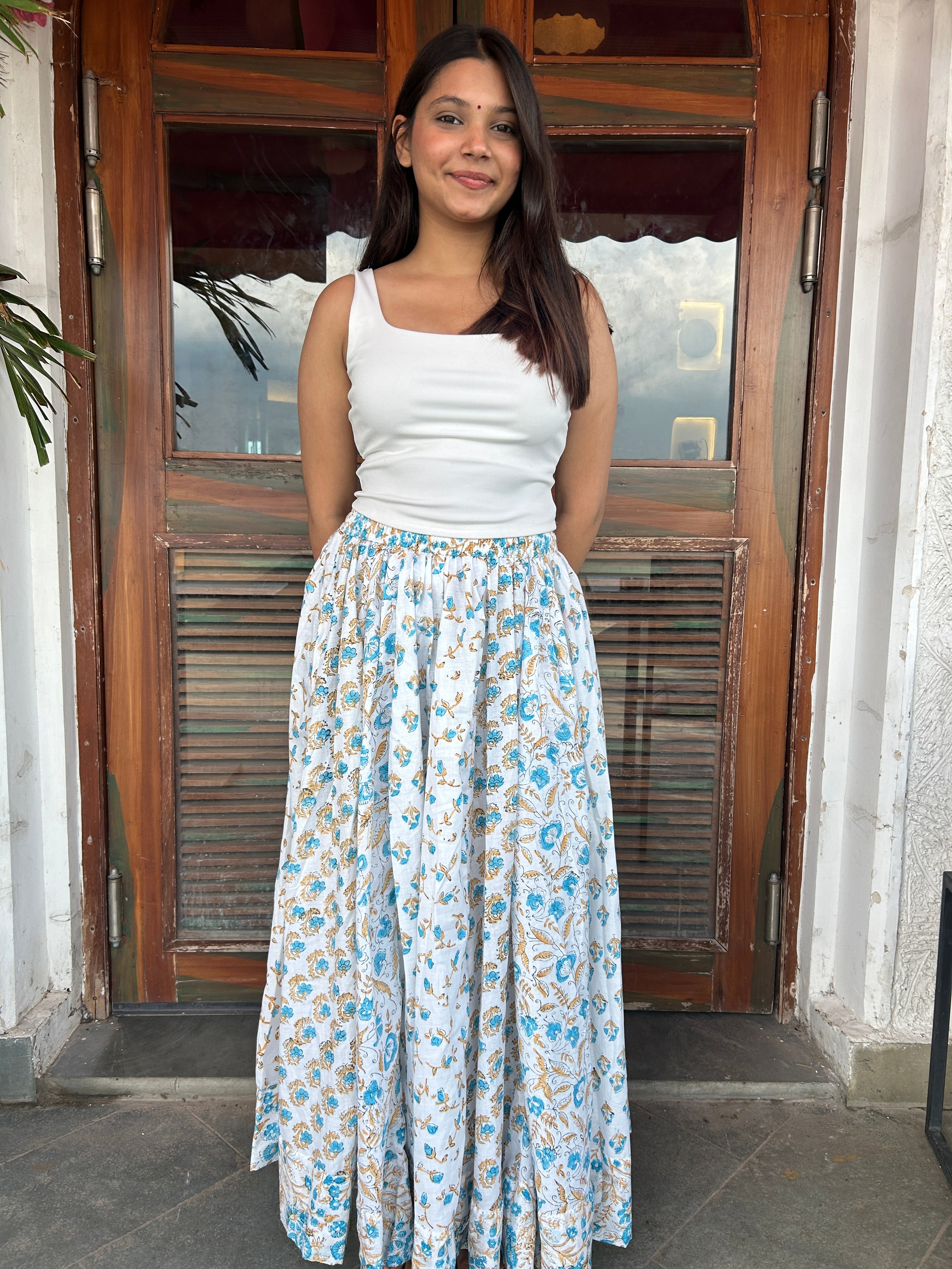 Mustard Blue Gulnaar Handblock Cotton Skirt