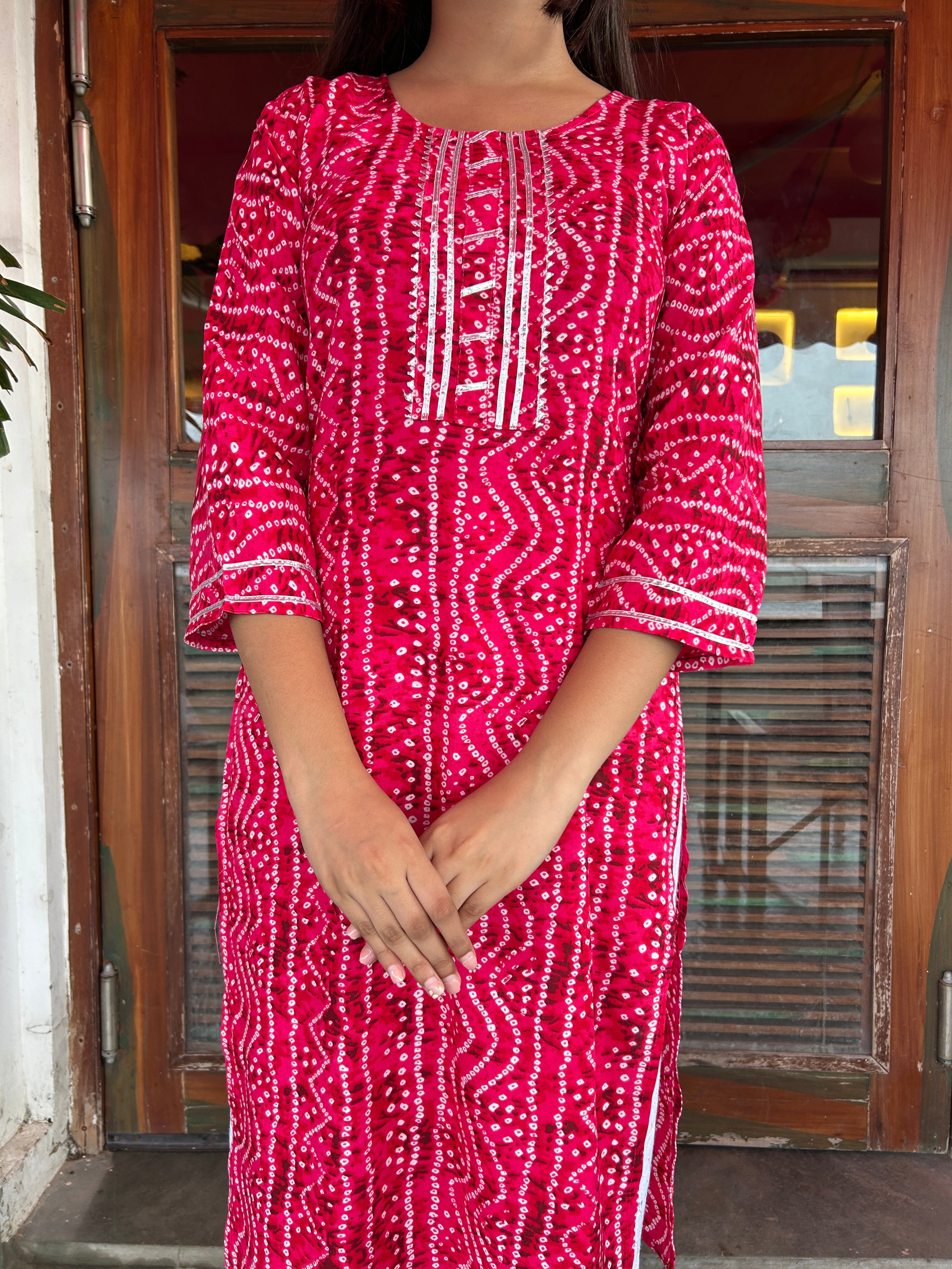 Rani Pink Bandhej Aaina Kurti
