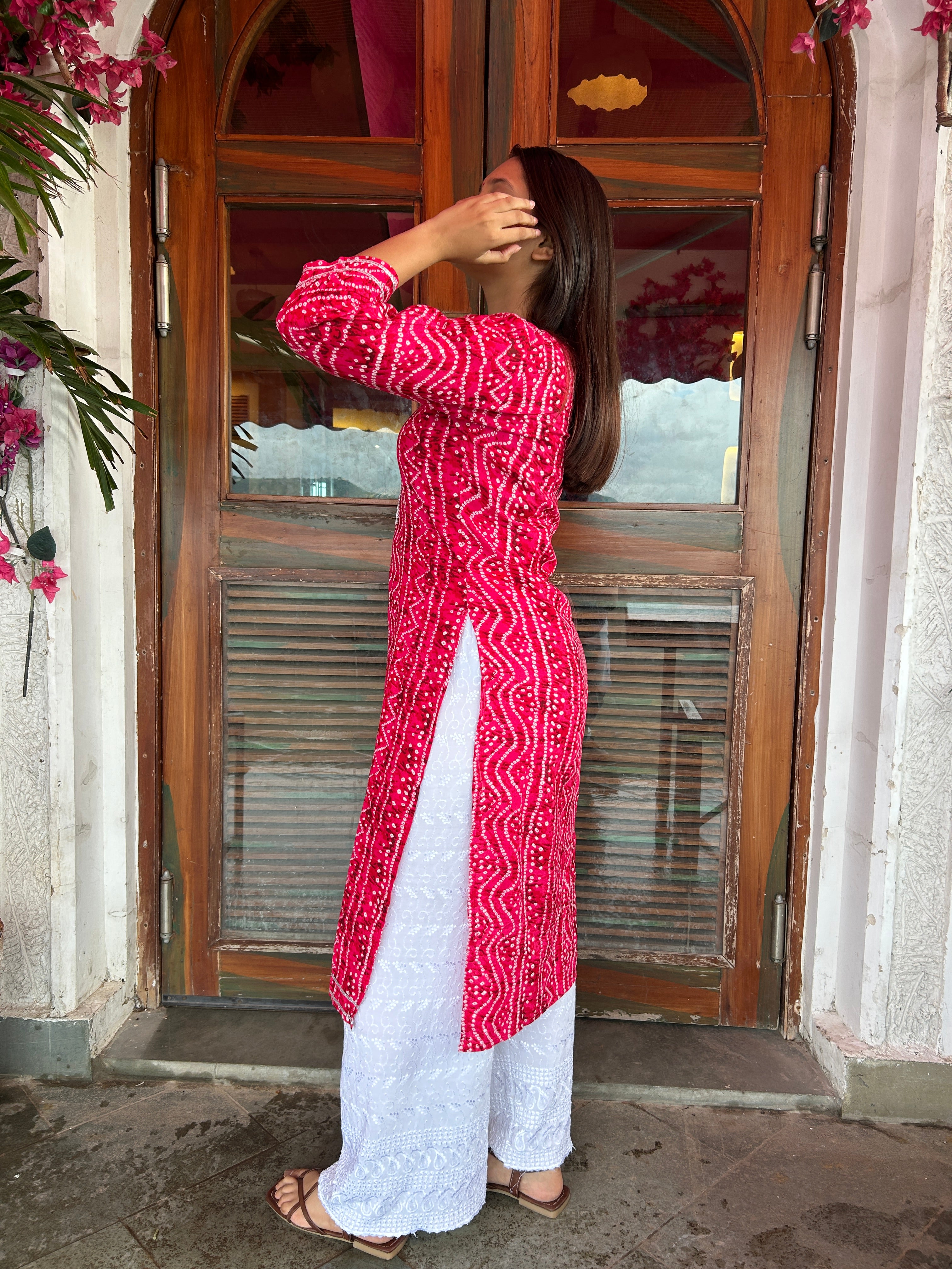 Rani Pink Bandhej Aaina Kurti