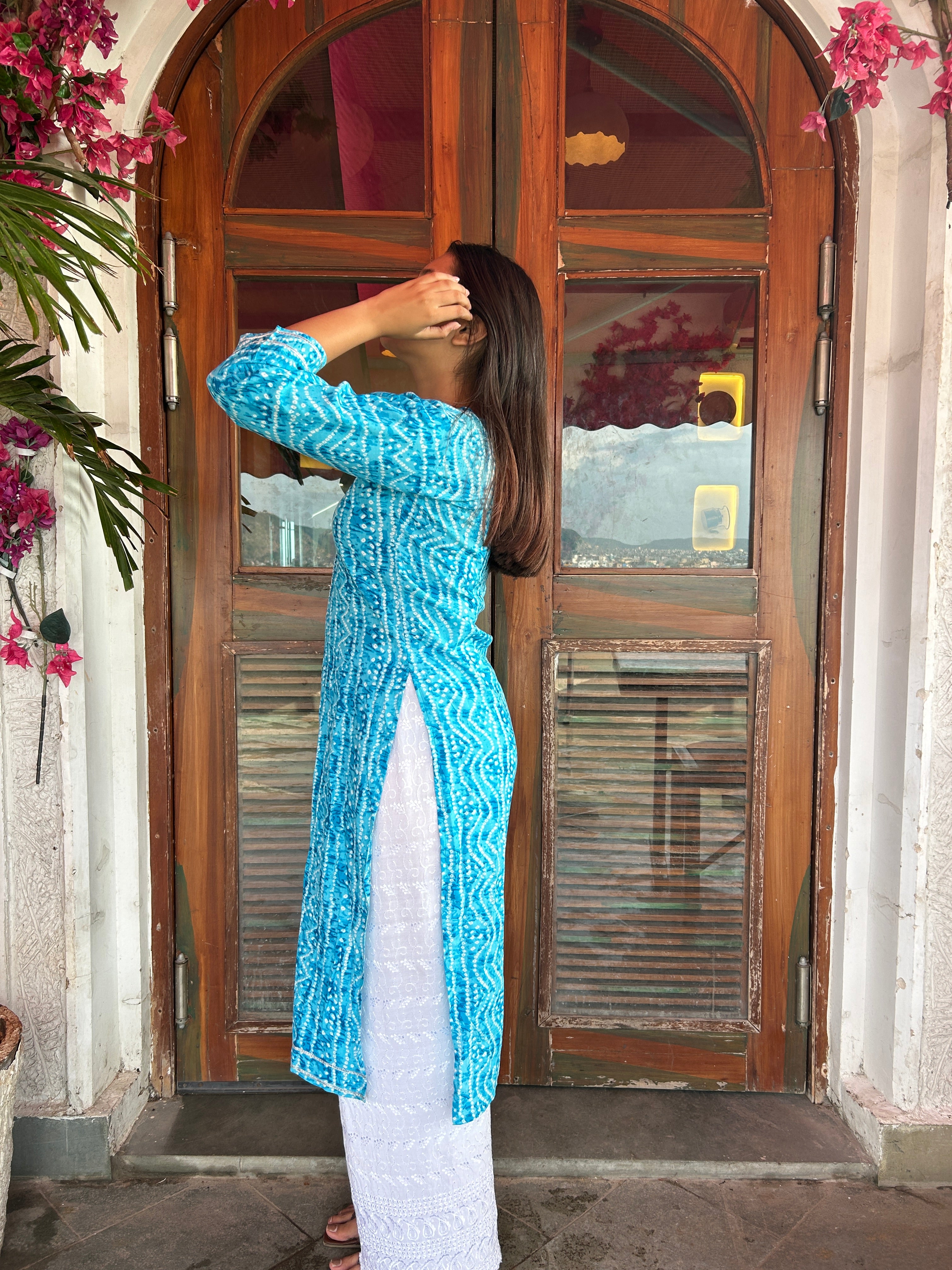 Light Blue Bandhej Aaina Kurti