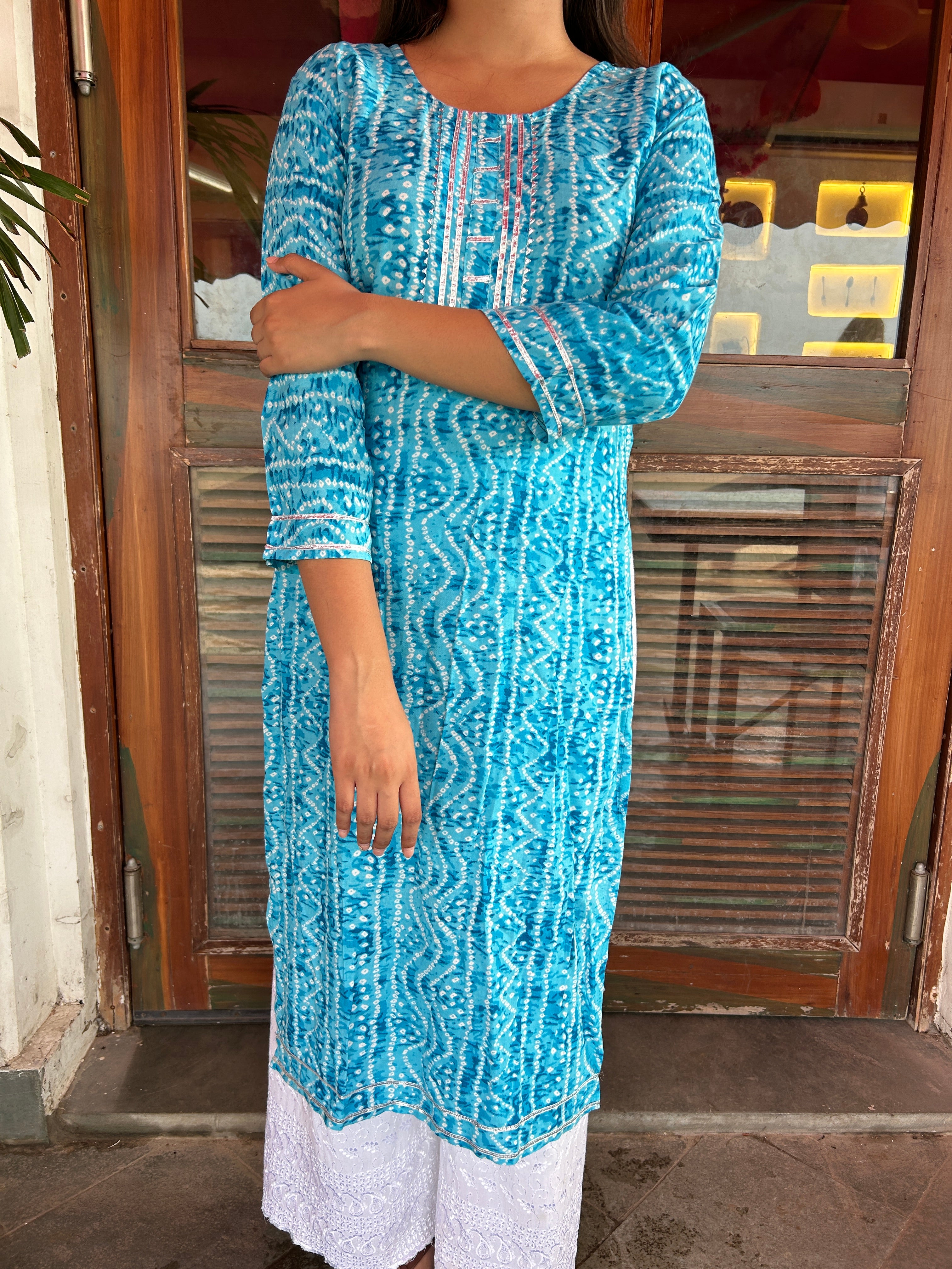 Light Blue Bandhej Aaina Kurti