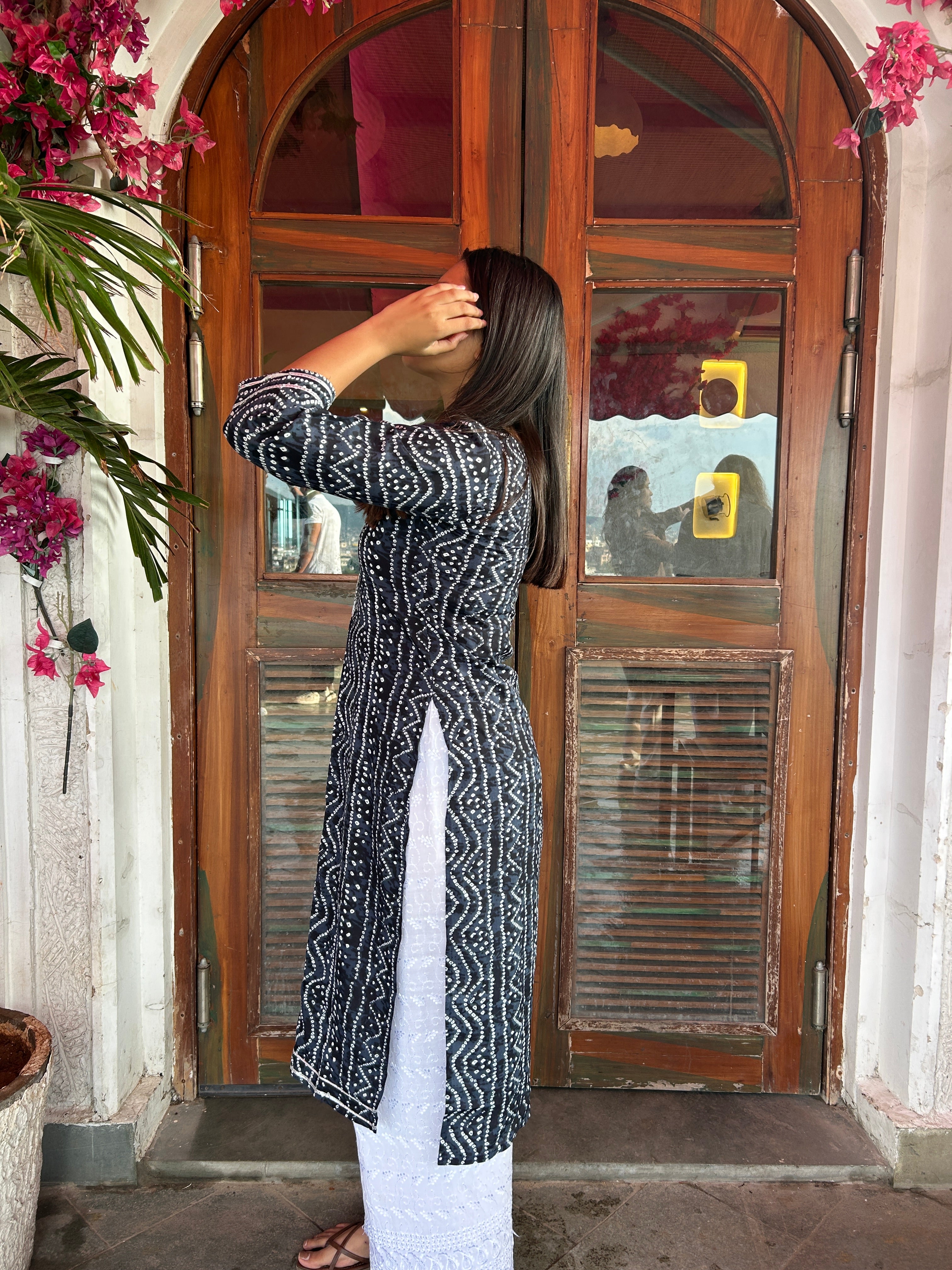 Navy Blue Bandhej Aaina Kurti