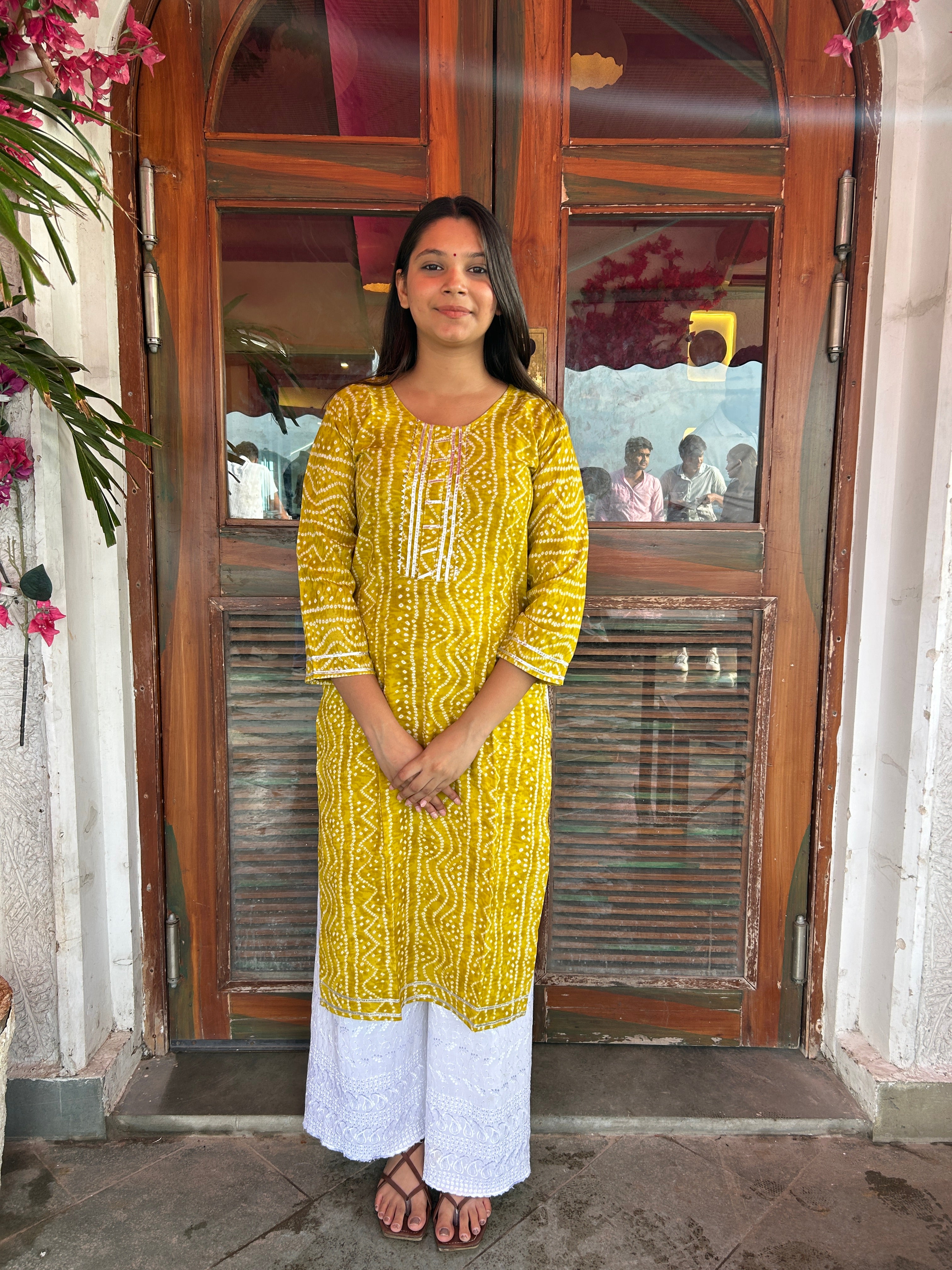 Yellow Bandhej Aaina Kurti