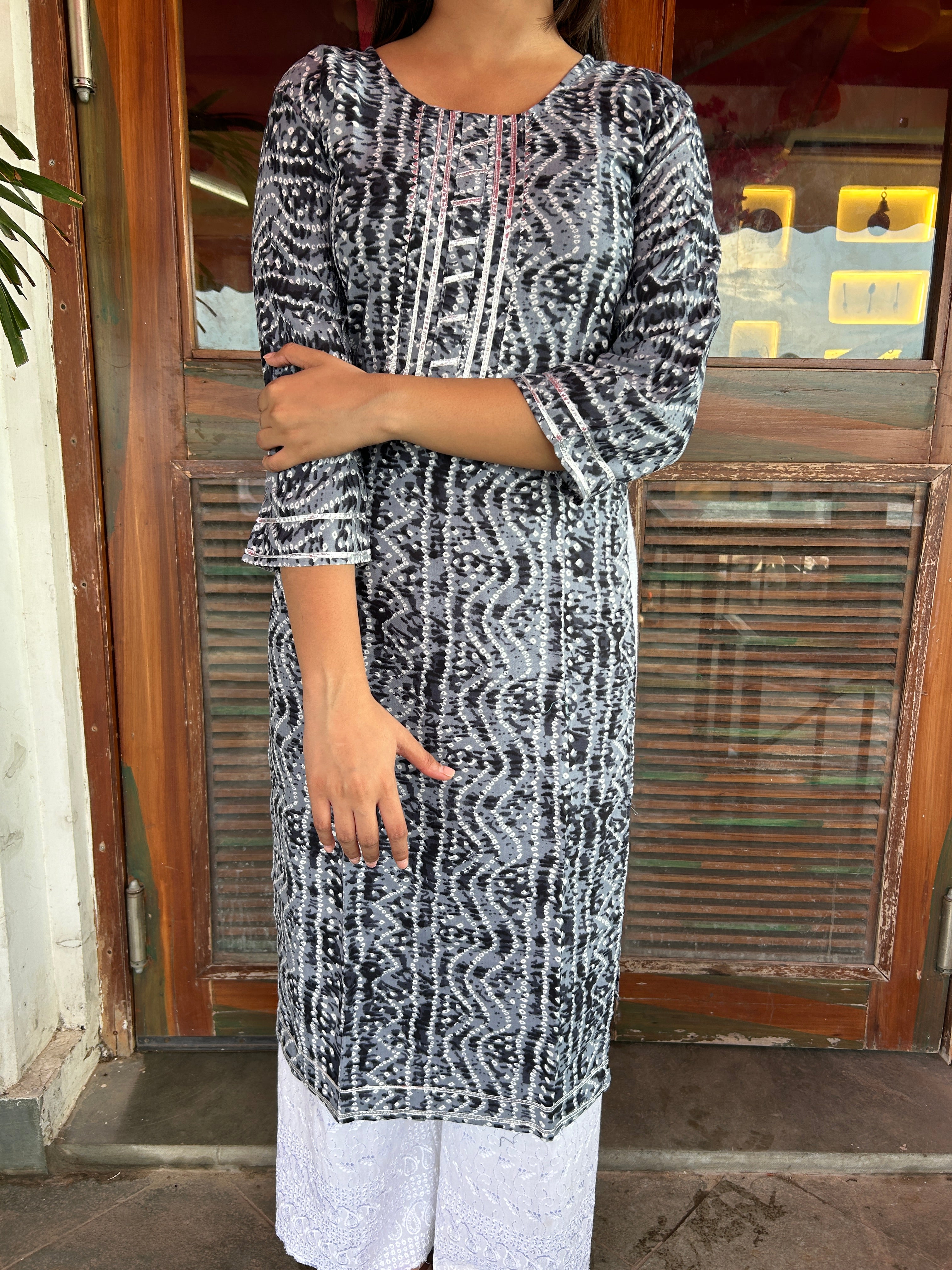 Grey Bandhej Aaina Kurti
