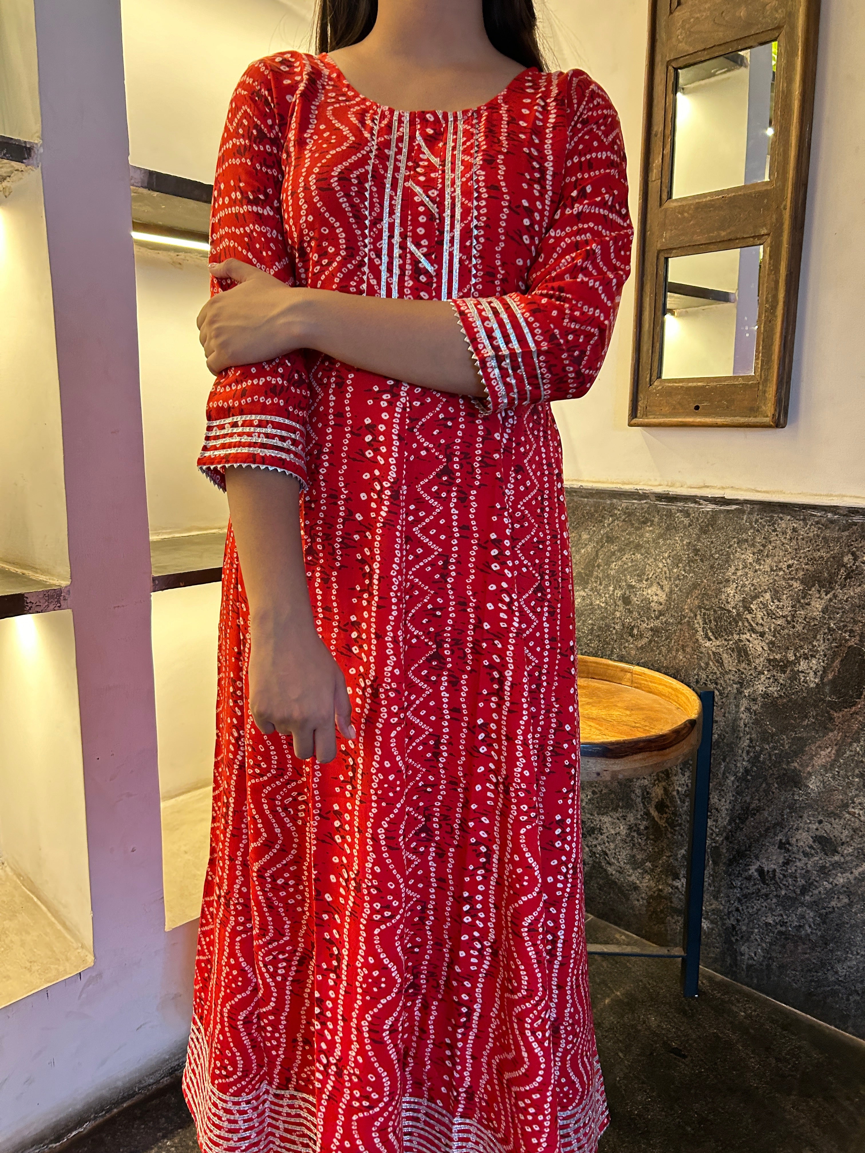 Red Bandhej Meher Anarkali Kurti