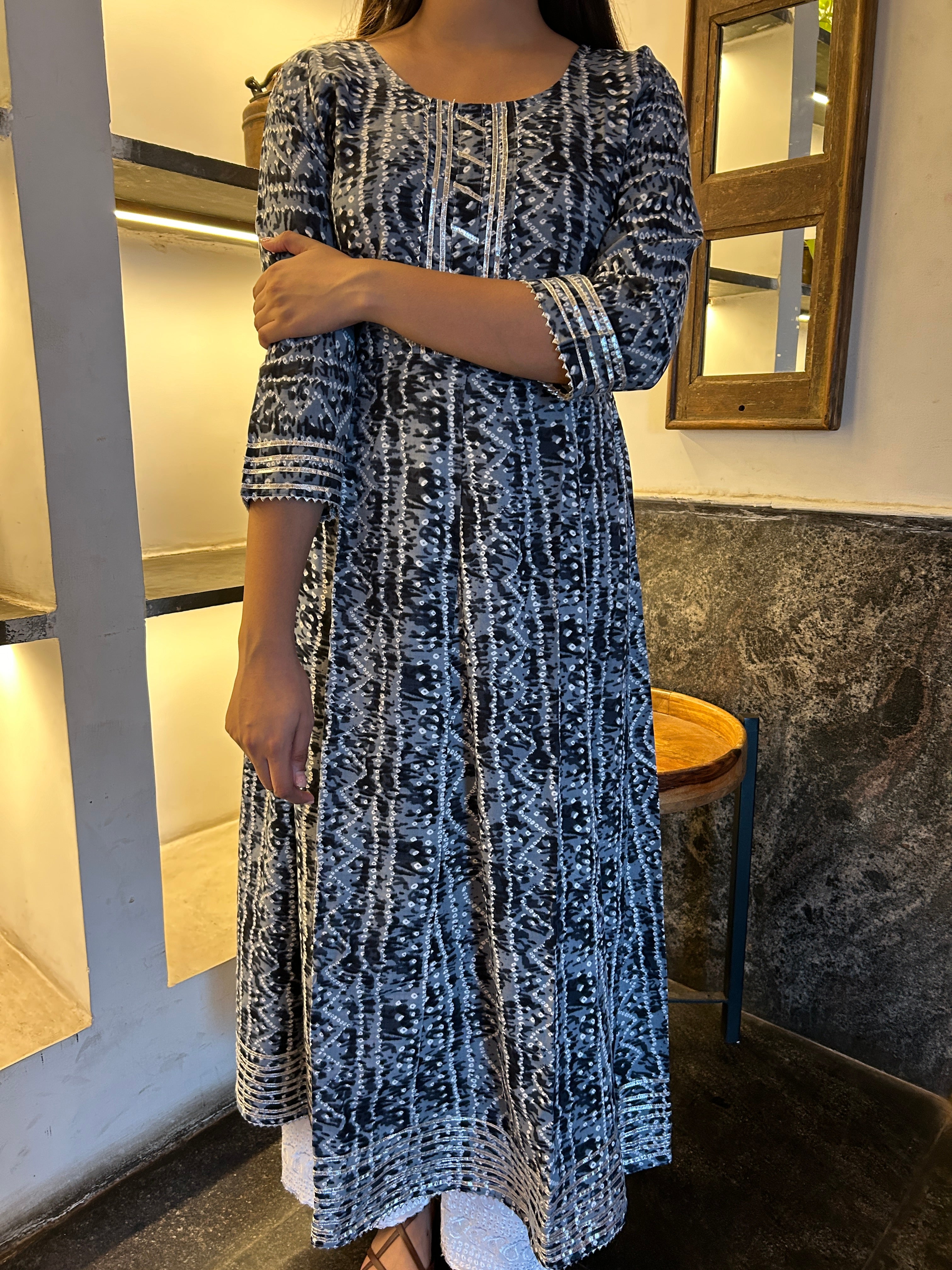 Grey Bandhej Meher Anarkali Kurti