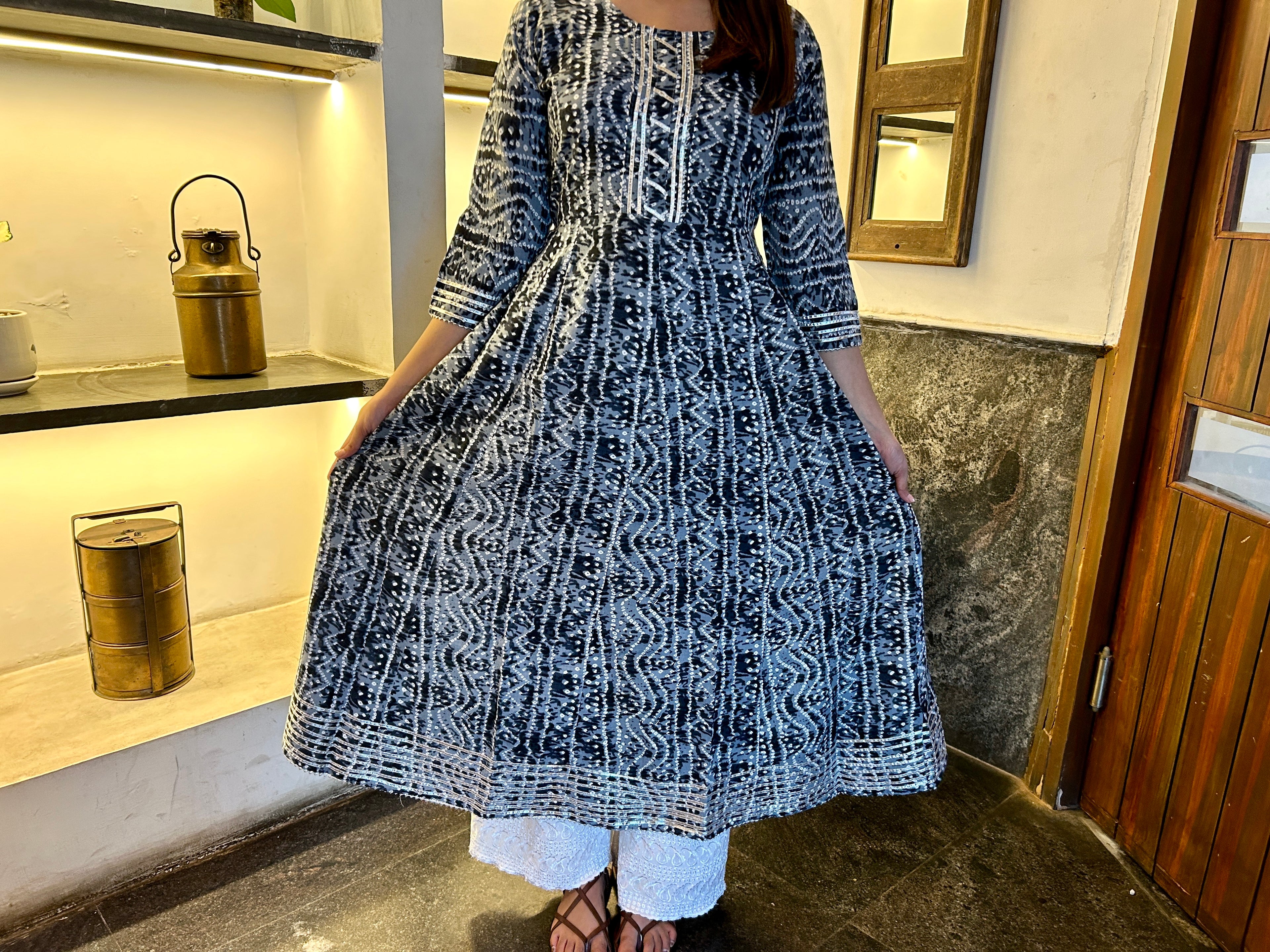 Grey Bandhej Meher Anarkali Kurti