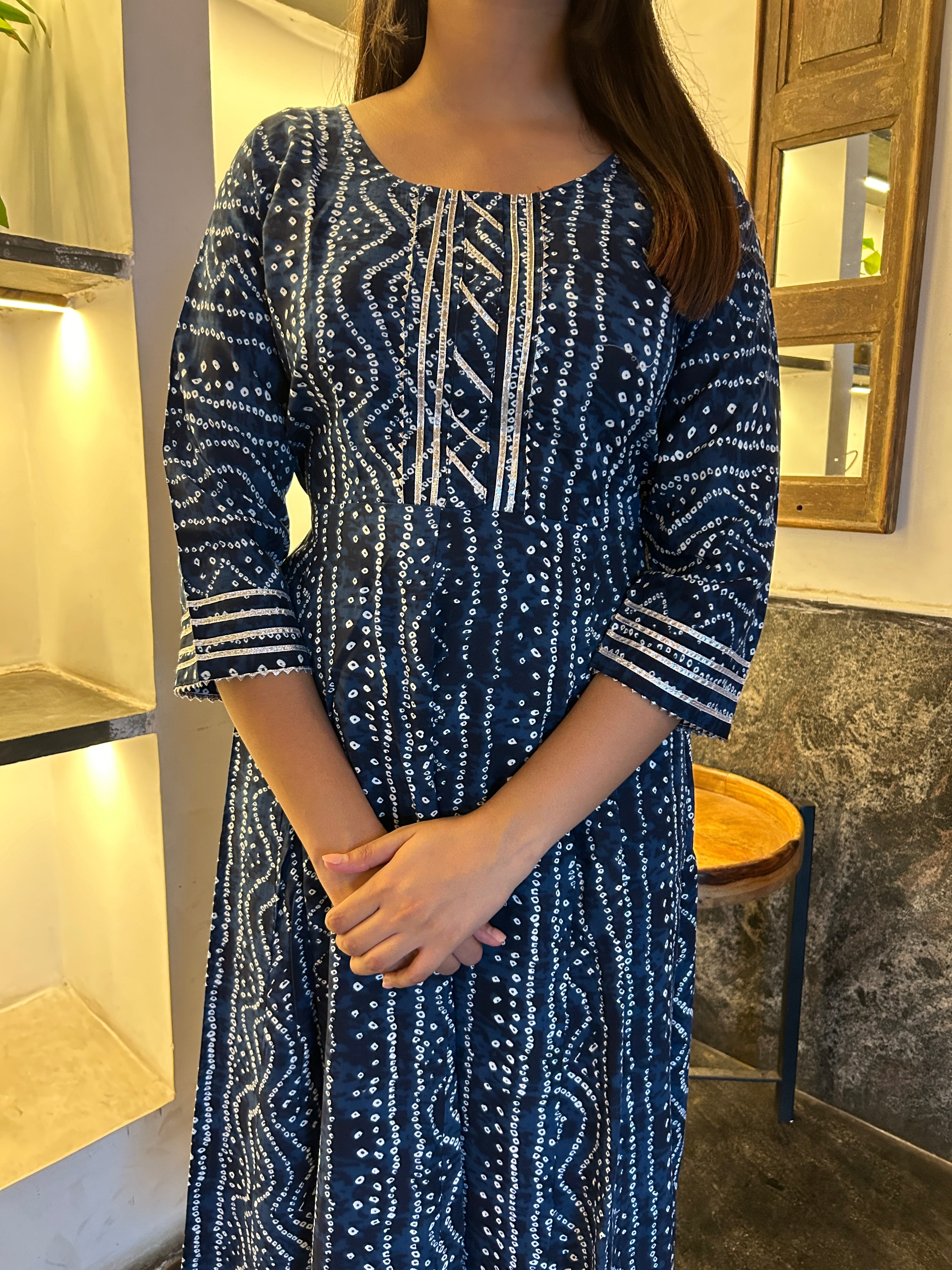 Blue Bandhej Meher Anarkali Kurti