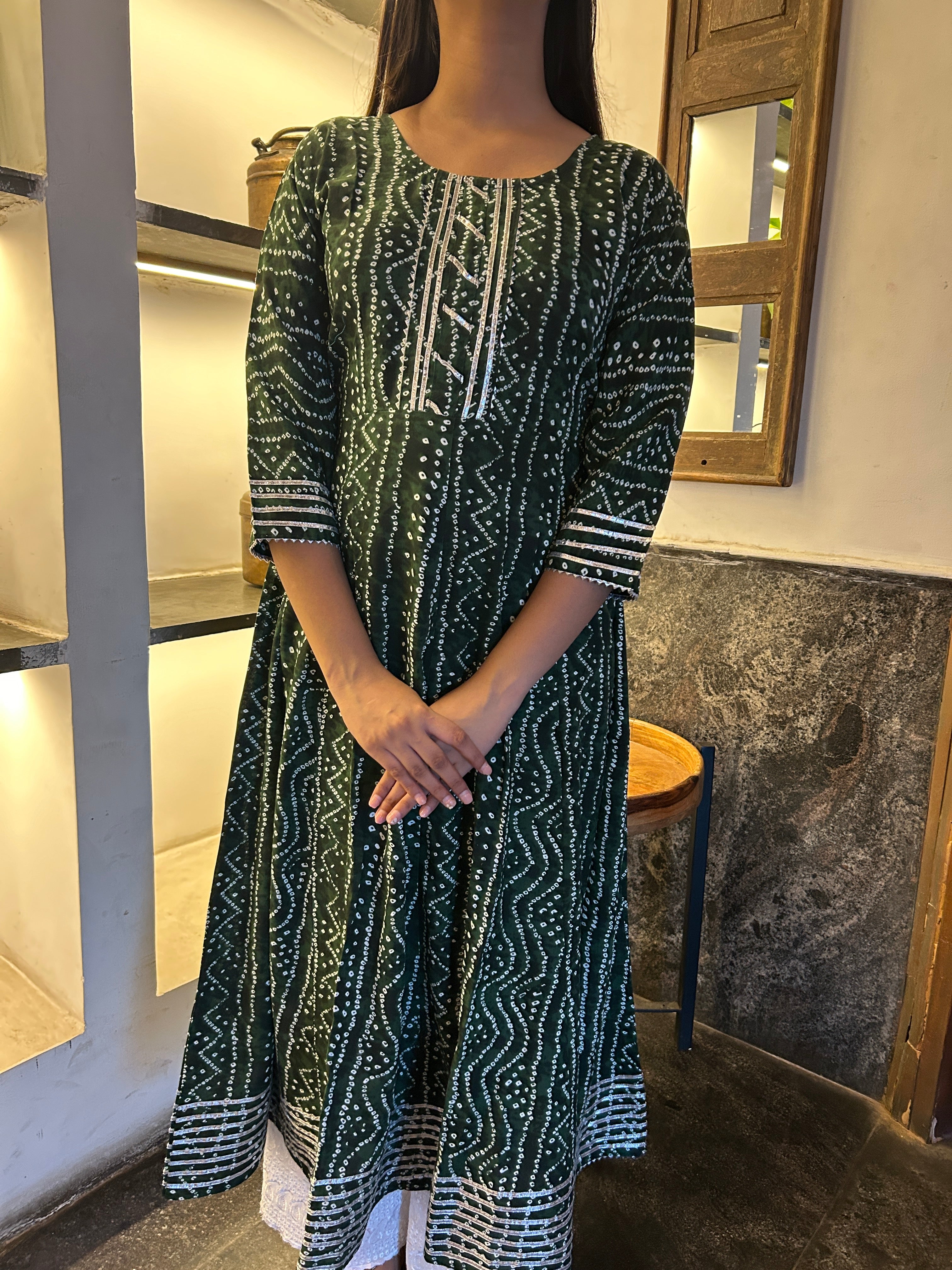 Olive Bandhej Meher Anarkali Kurti