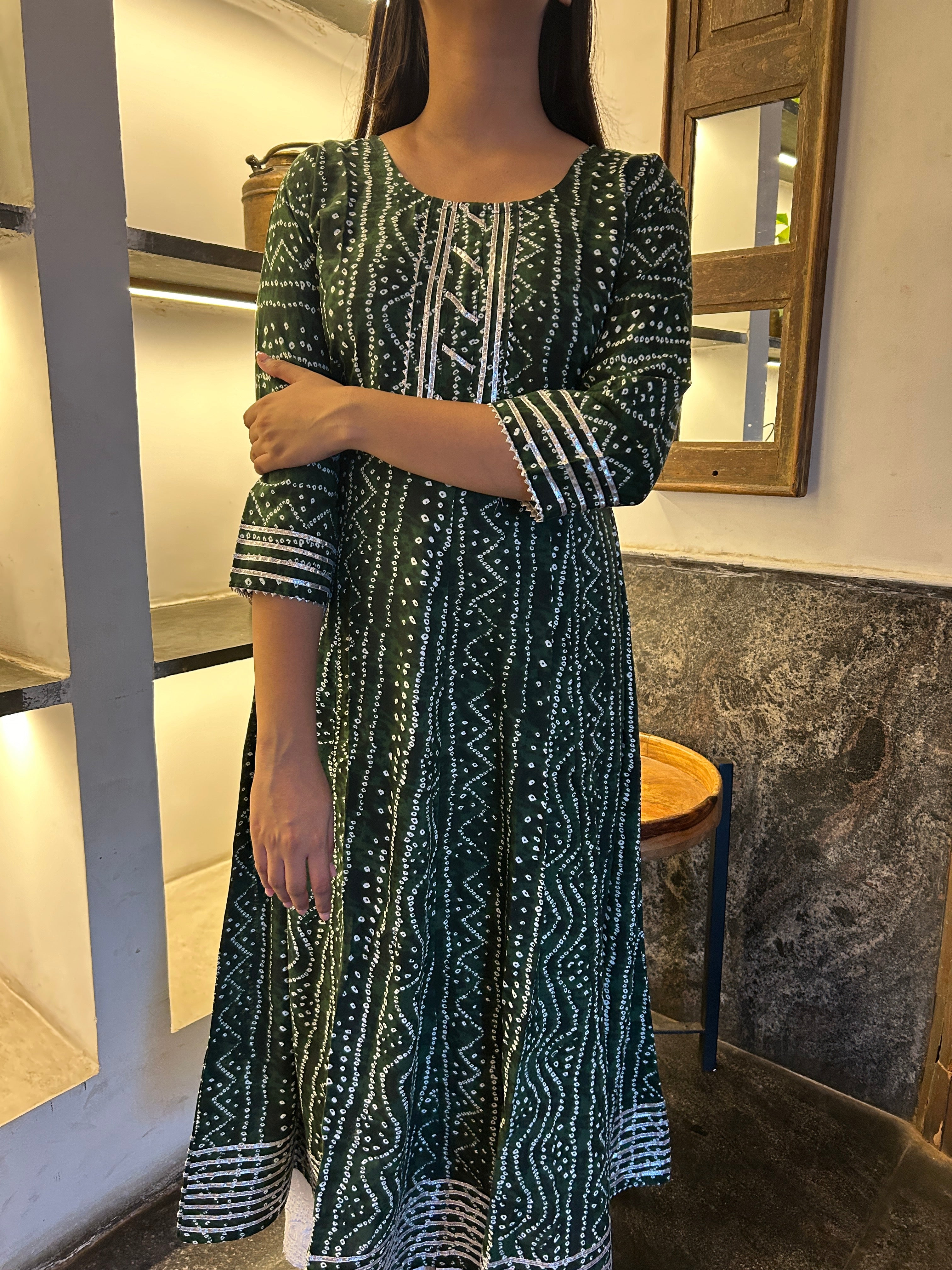 Olive Bandhej Meher Anarkali Kurti