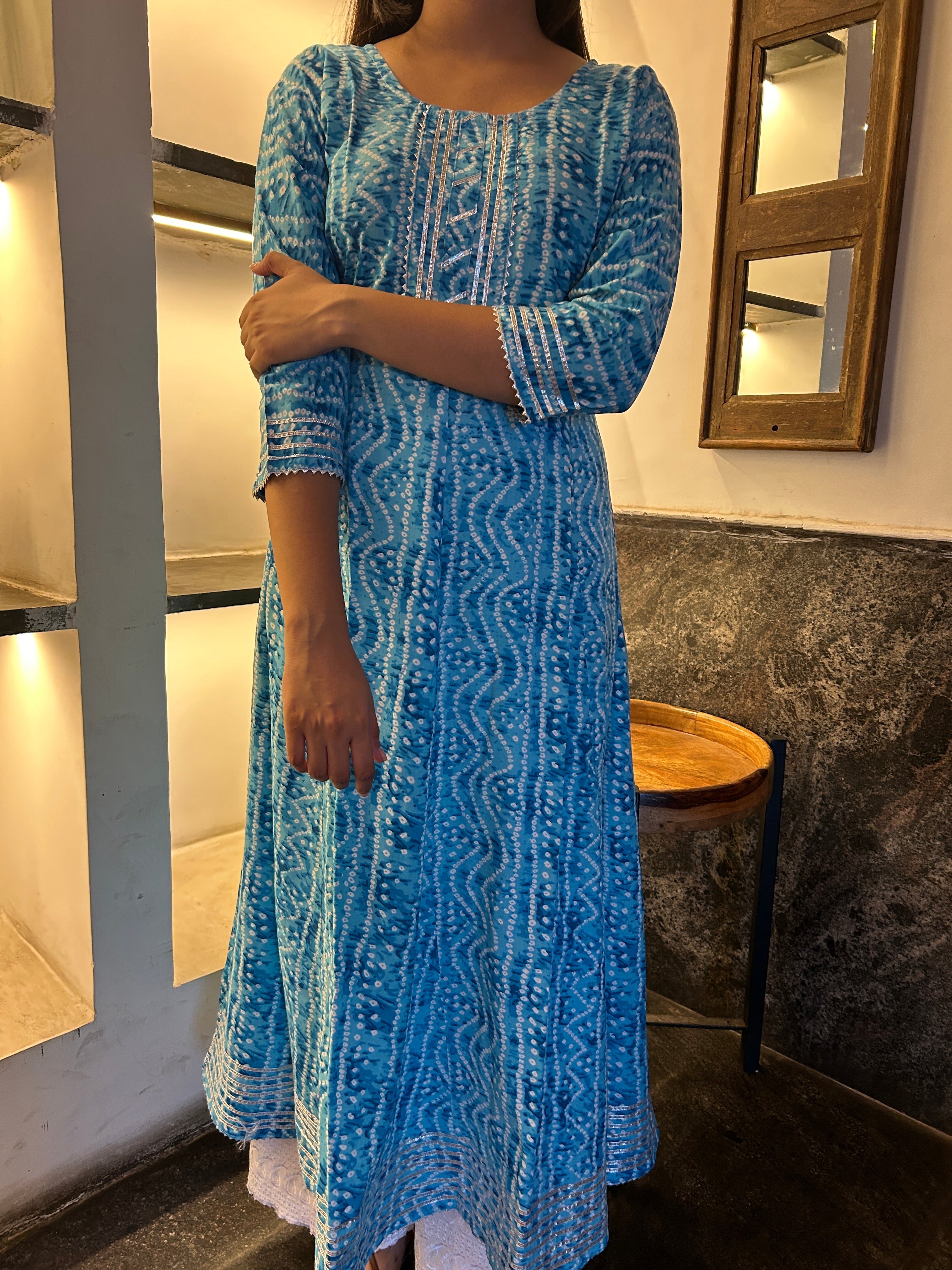 Light Blue Bandhej Meher Anarkali Kurti