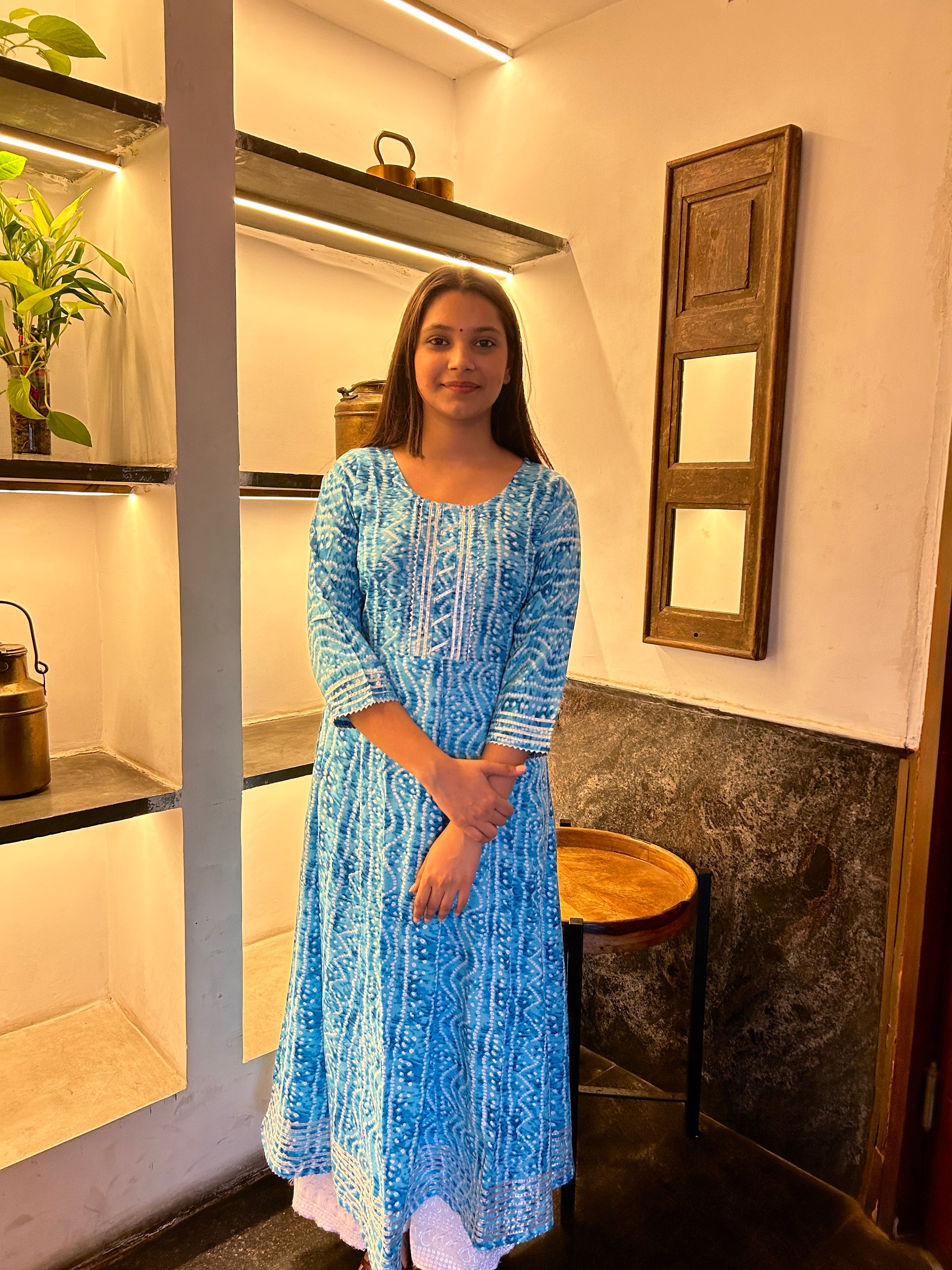 Light Blue Bandhej Meher Anarkali Kurti