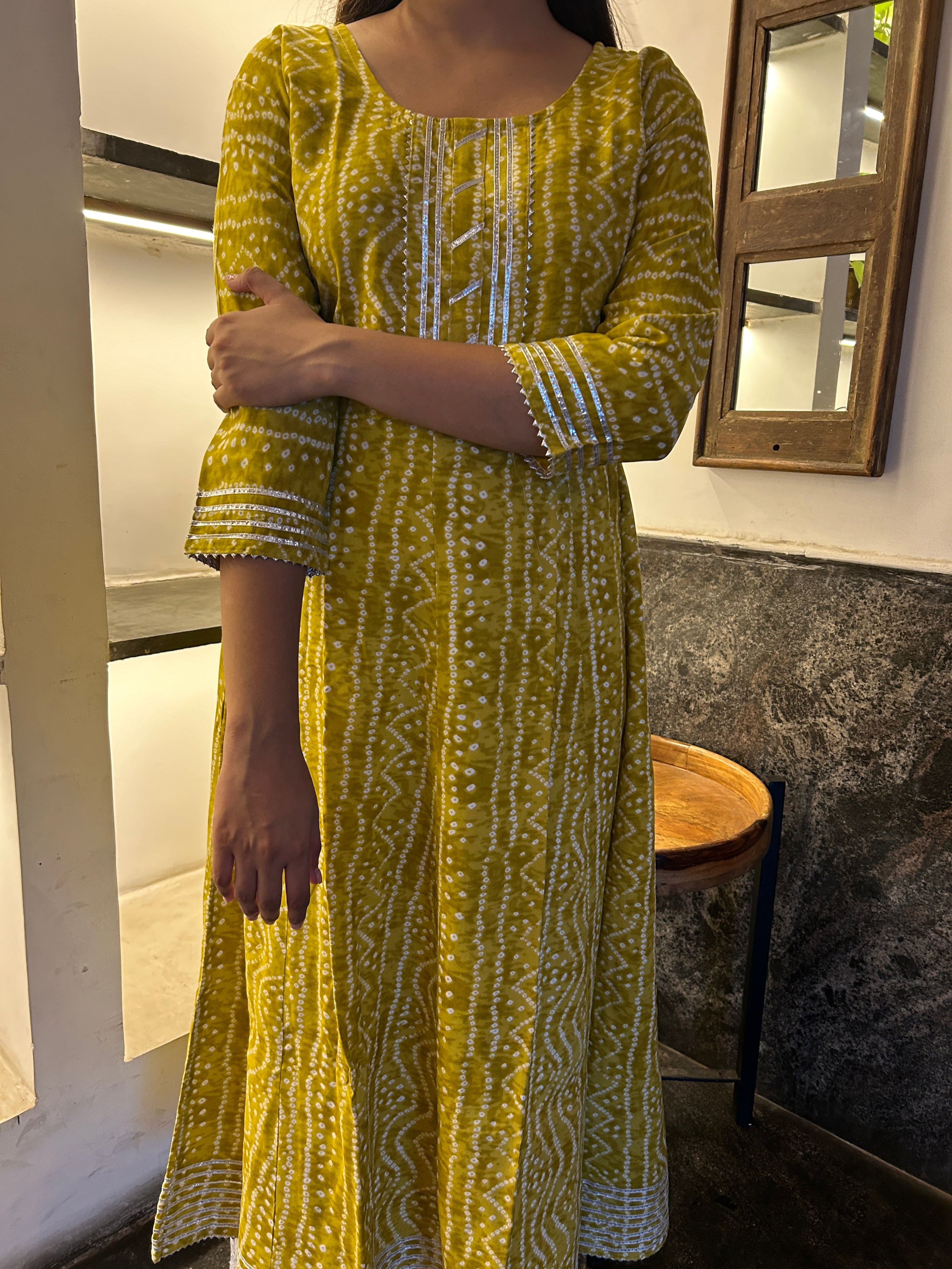 Yellow Bandhej Meher Anarkali Kurti