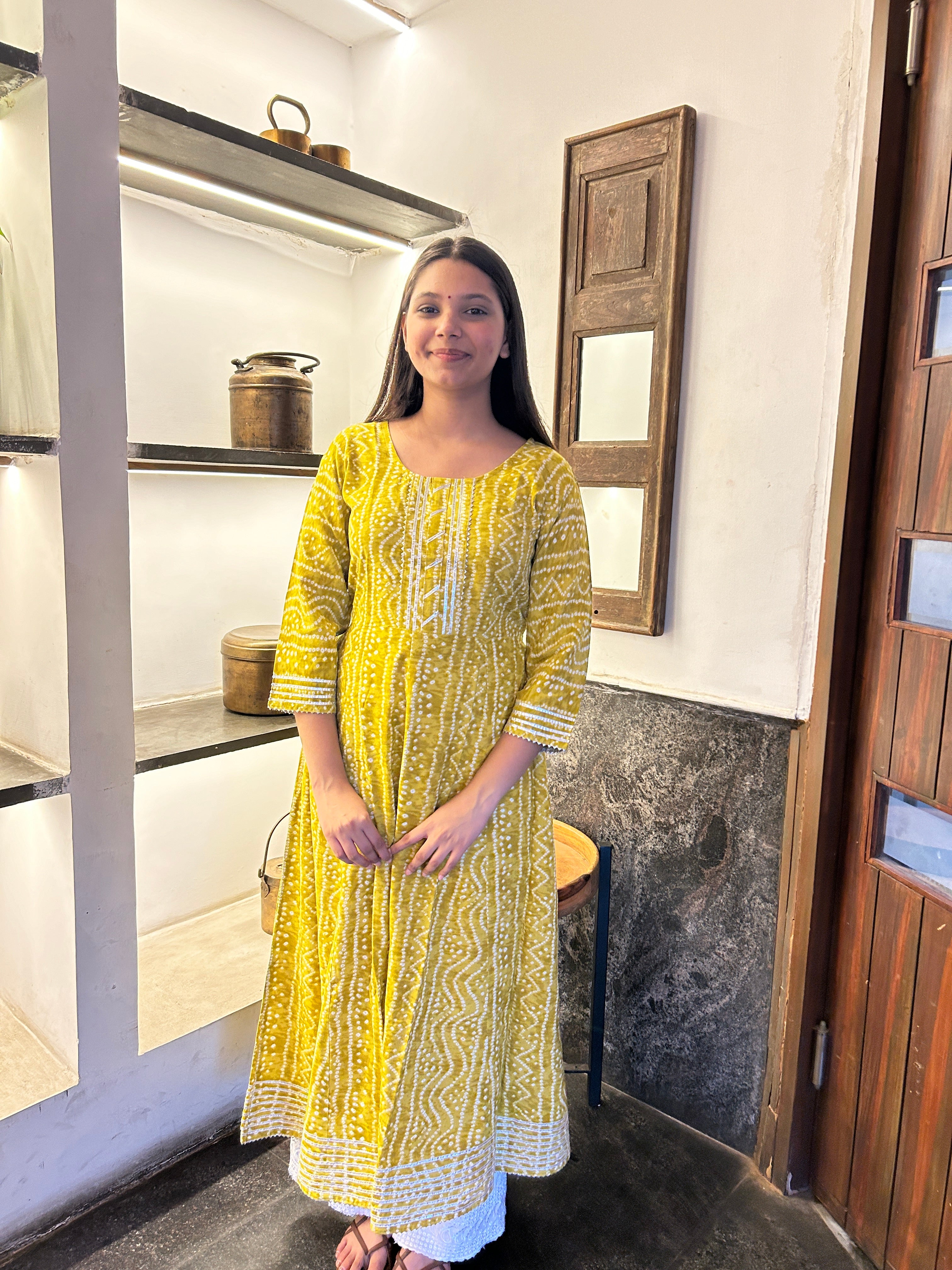 Yellow Bandhej Meher Anarkali Kurti