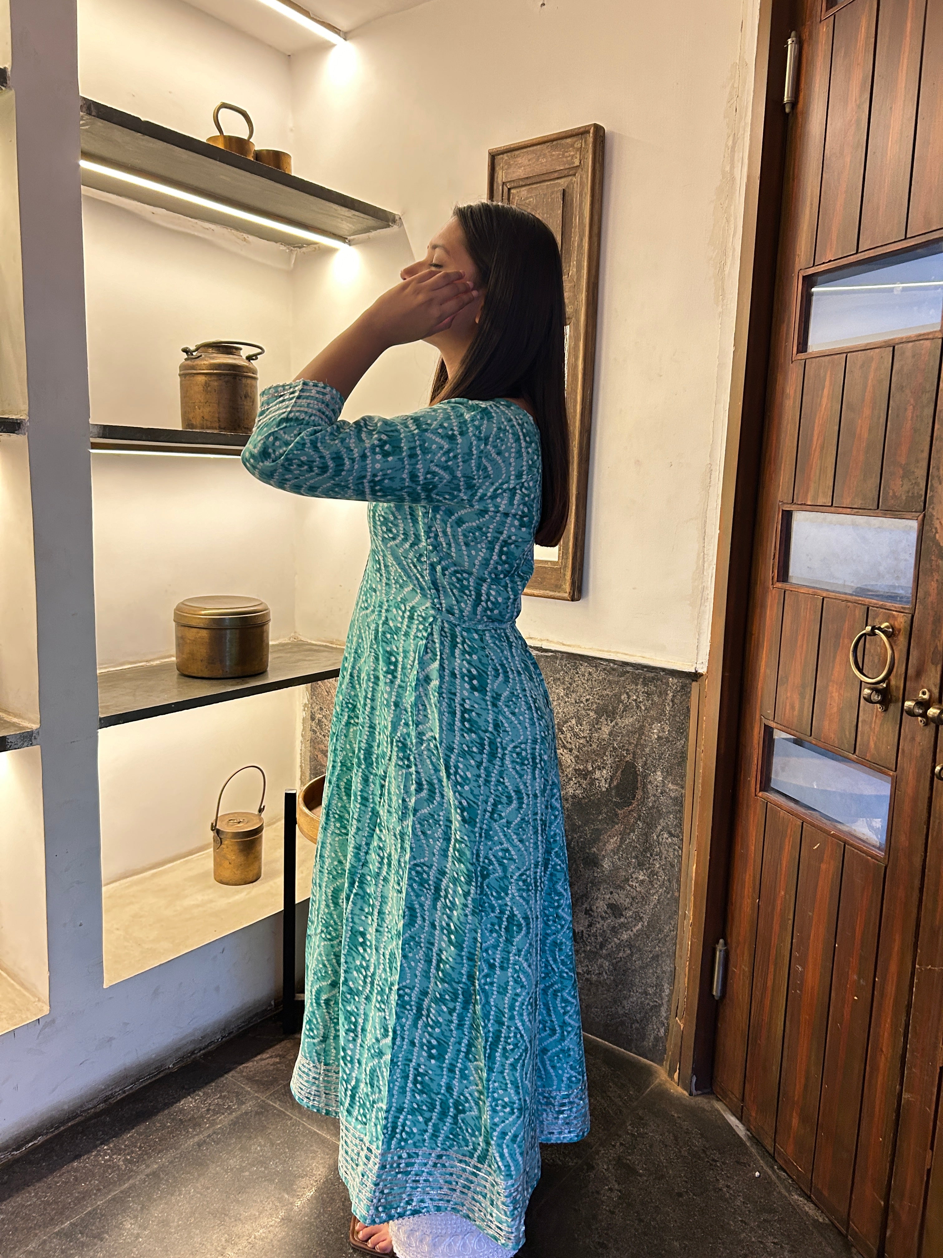 Light Green Bandhej Meher Anarkali Kurti