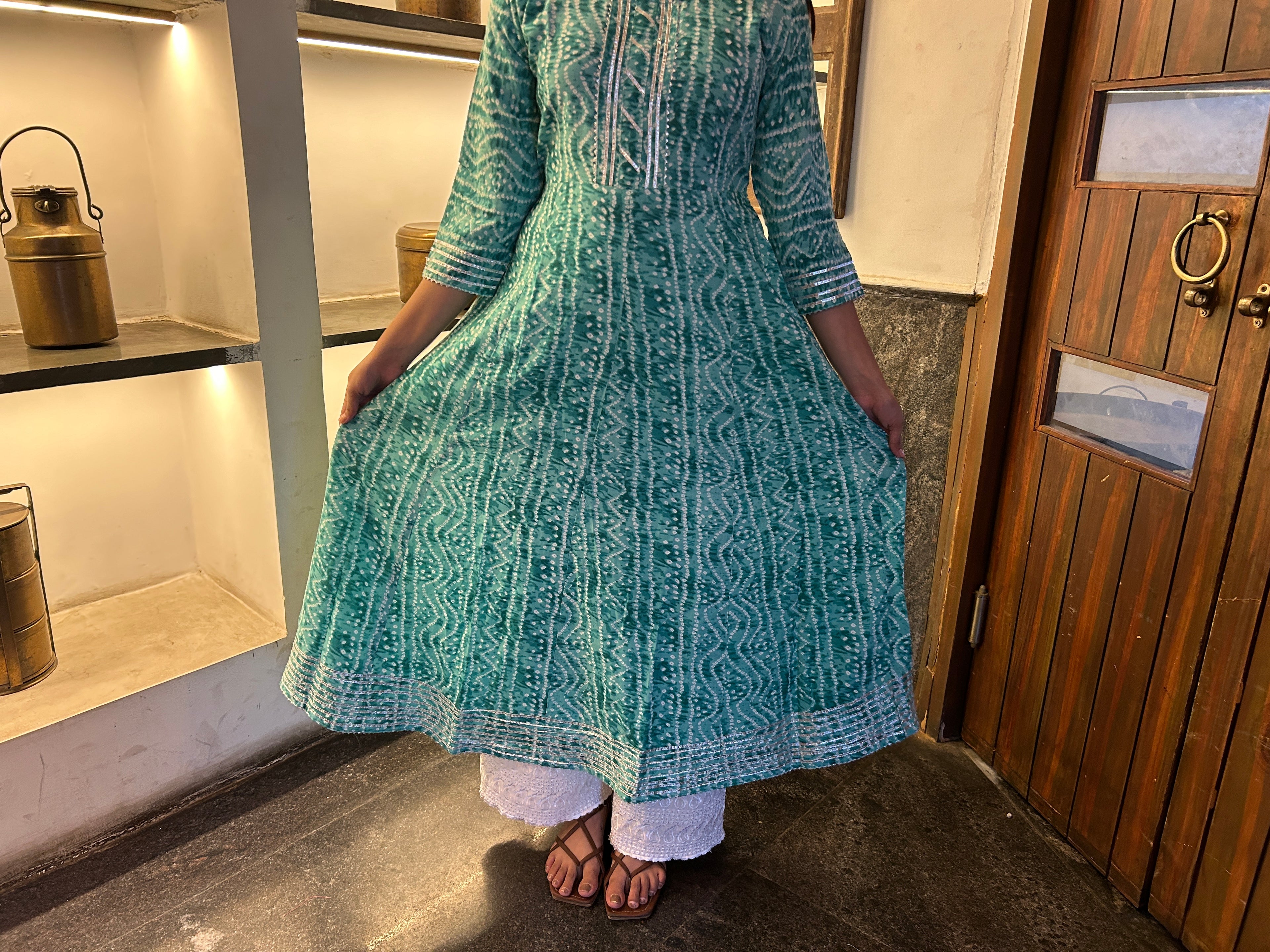 Light Green Bandhej Meher Anarkali Kurti