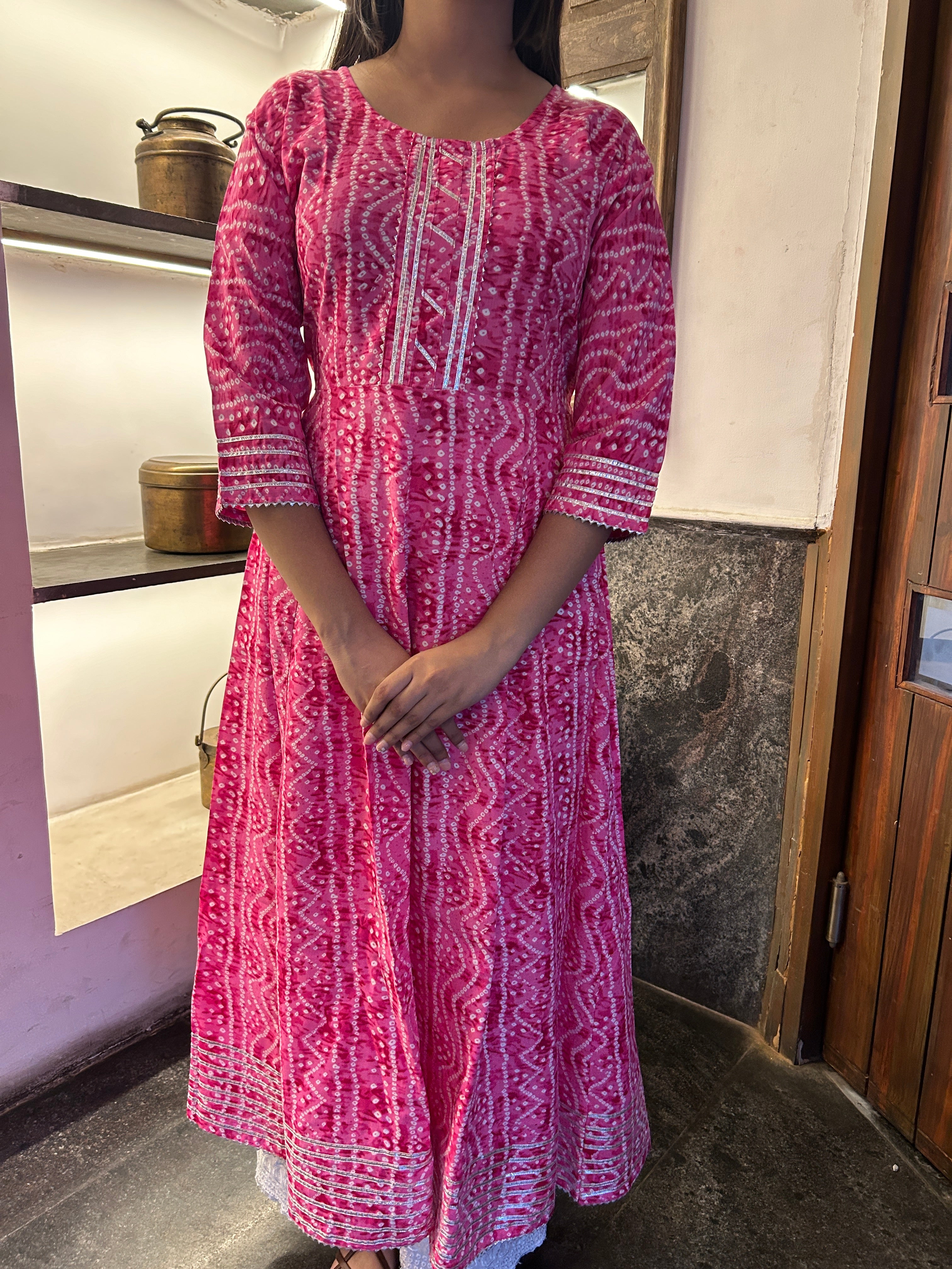 Light Pink Bandhej Meher Anarkali Kurti