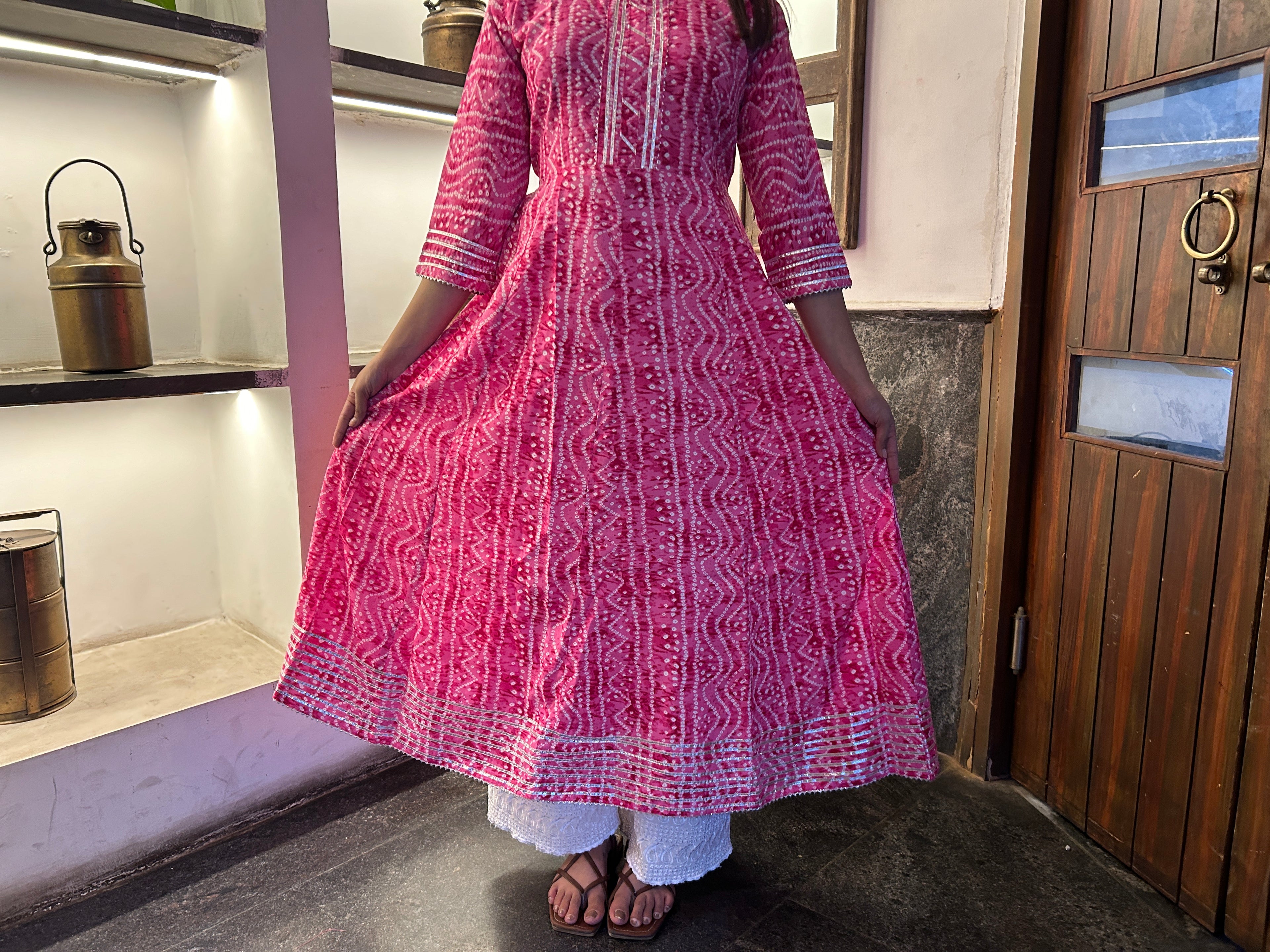 Light Pink Bandhej Meher Anarkali Kurti