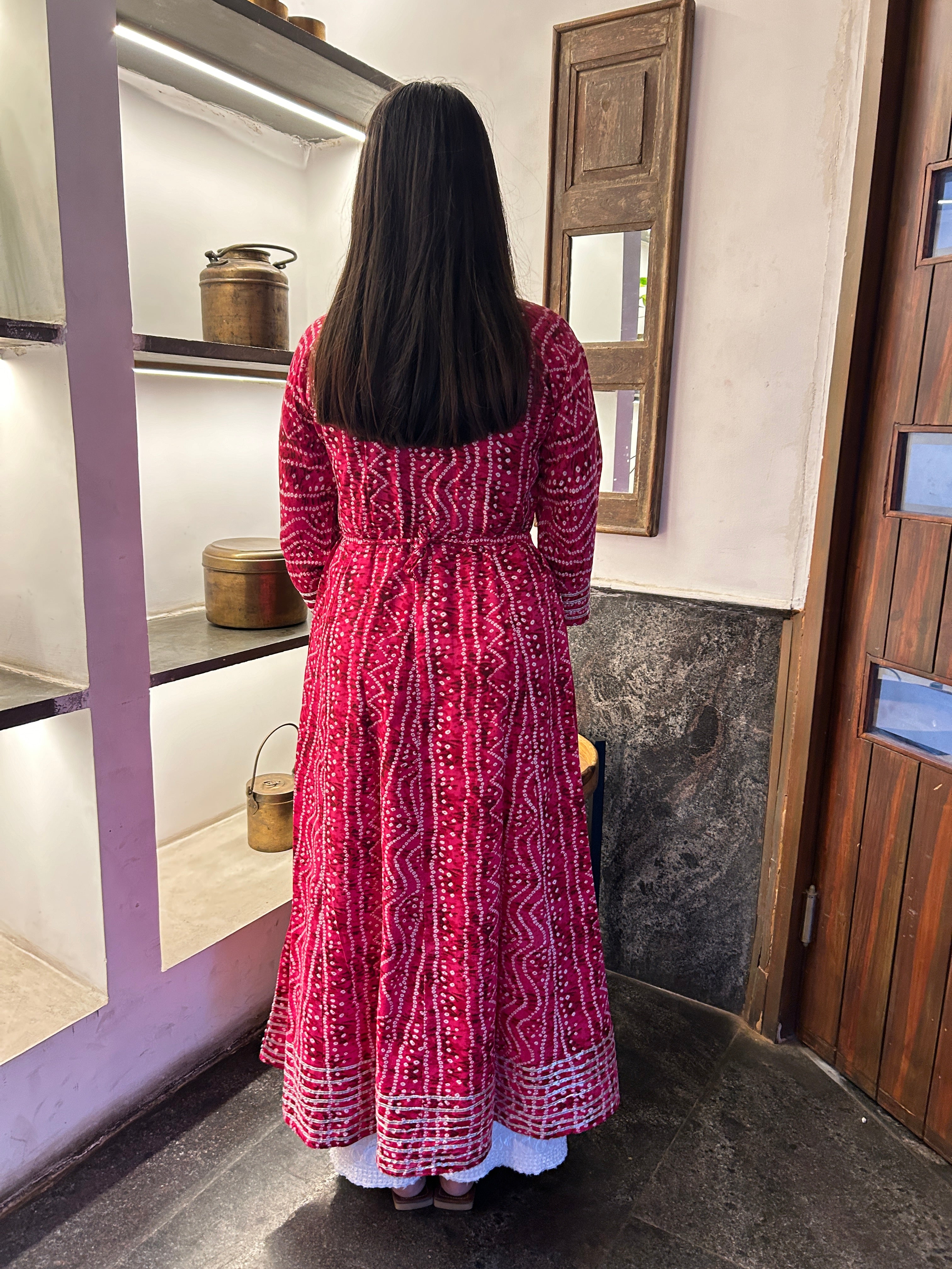 Rani Pink Bandhej Meher Anarkali Kurti