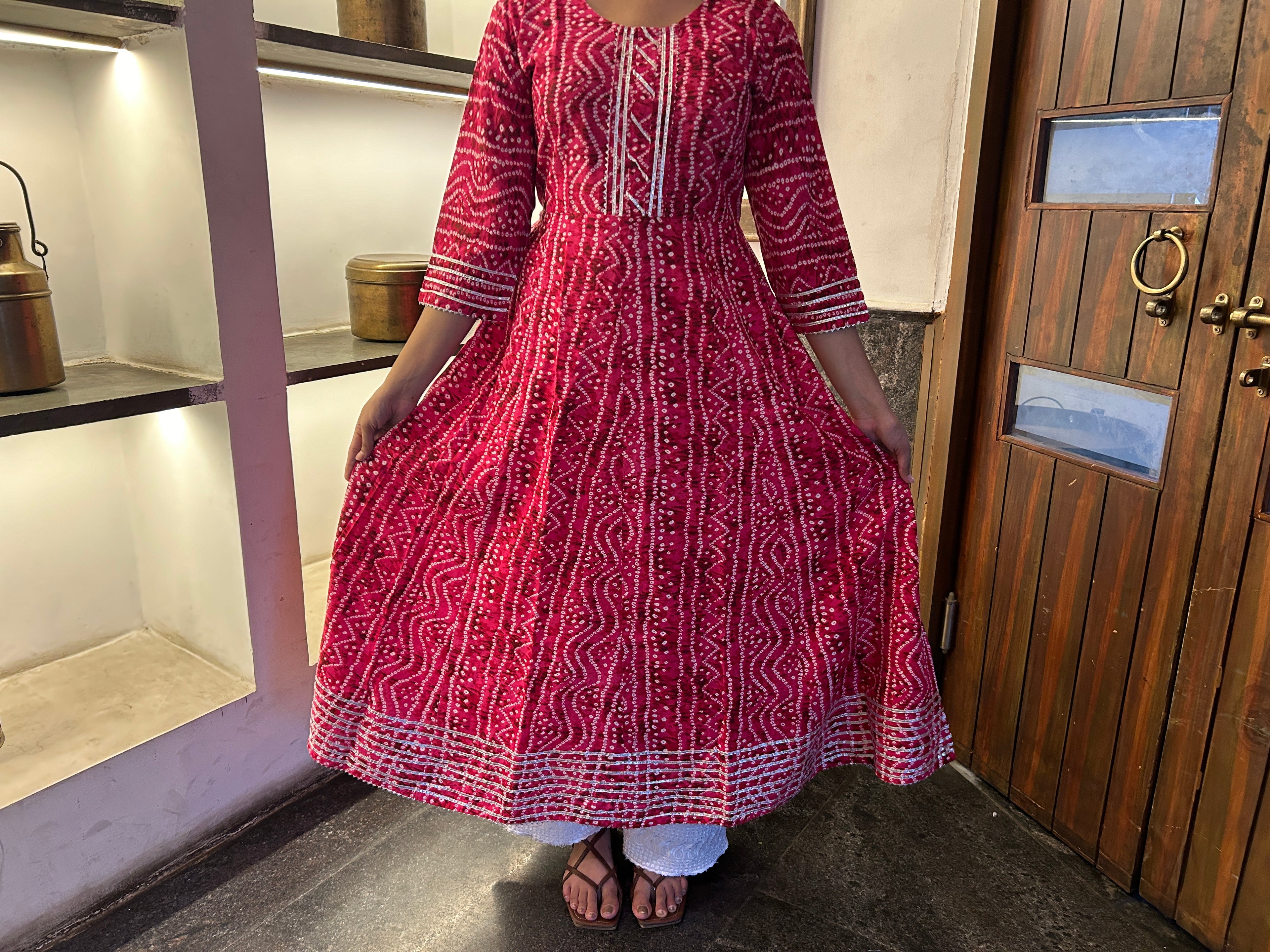 Rani Pink Bandhej Meher Anarkali Kurti