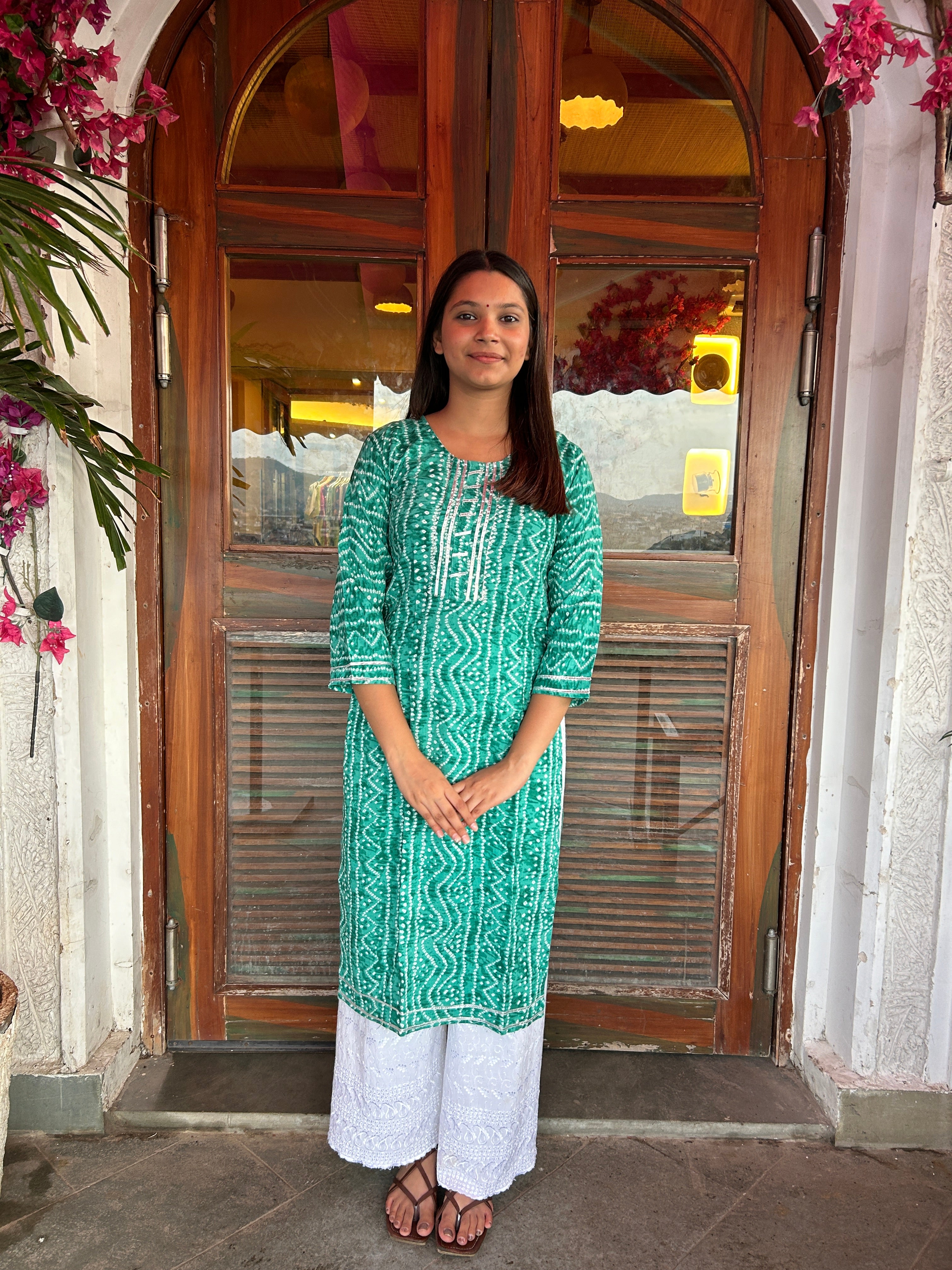 Light Green Bandhej Aaina Kurti