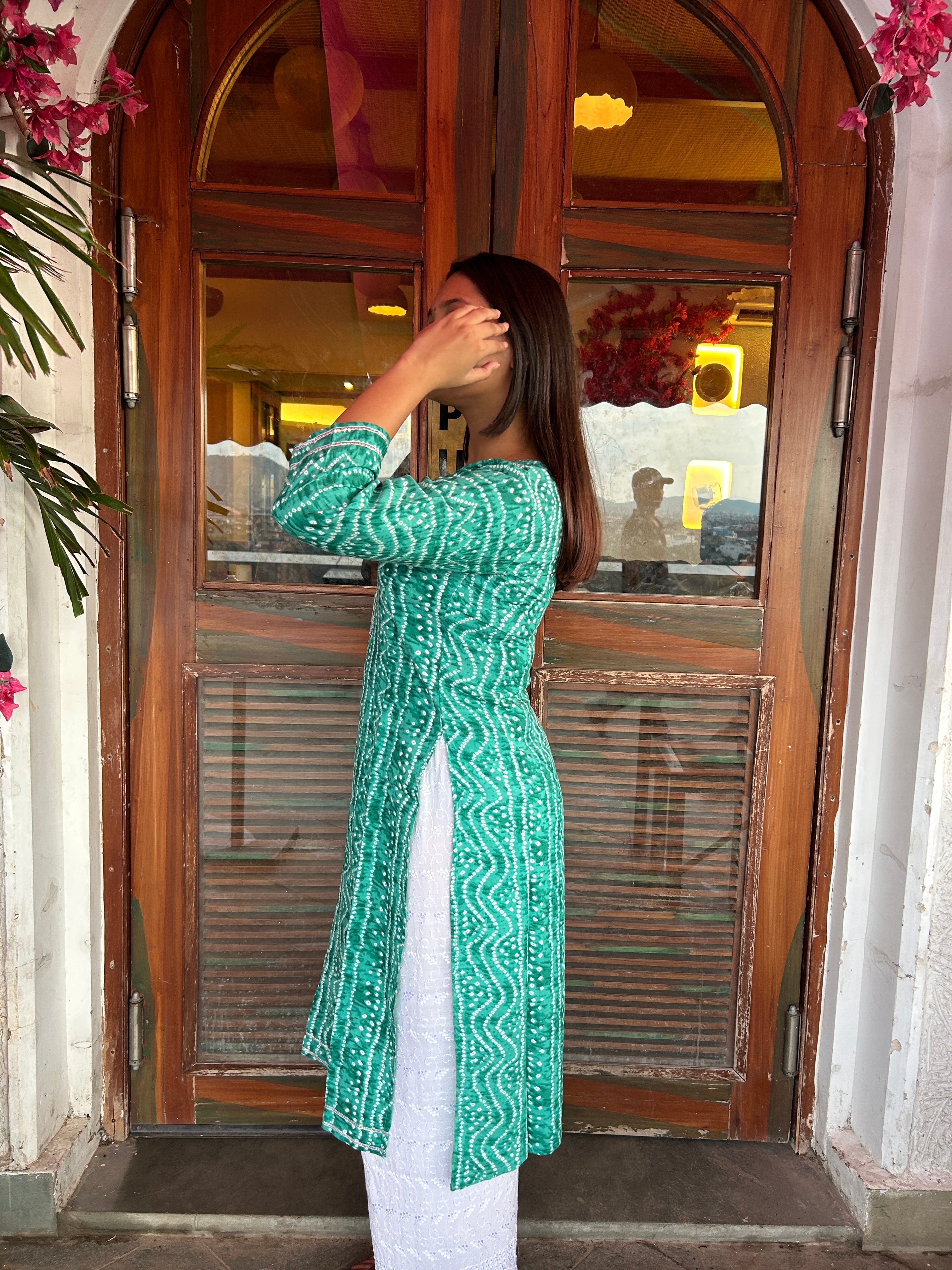 Light Green Bandhej Aaina Kurti