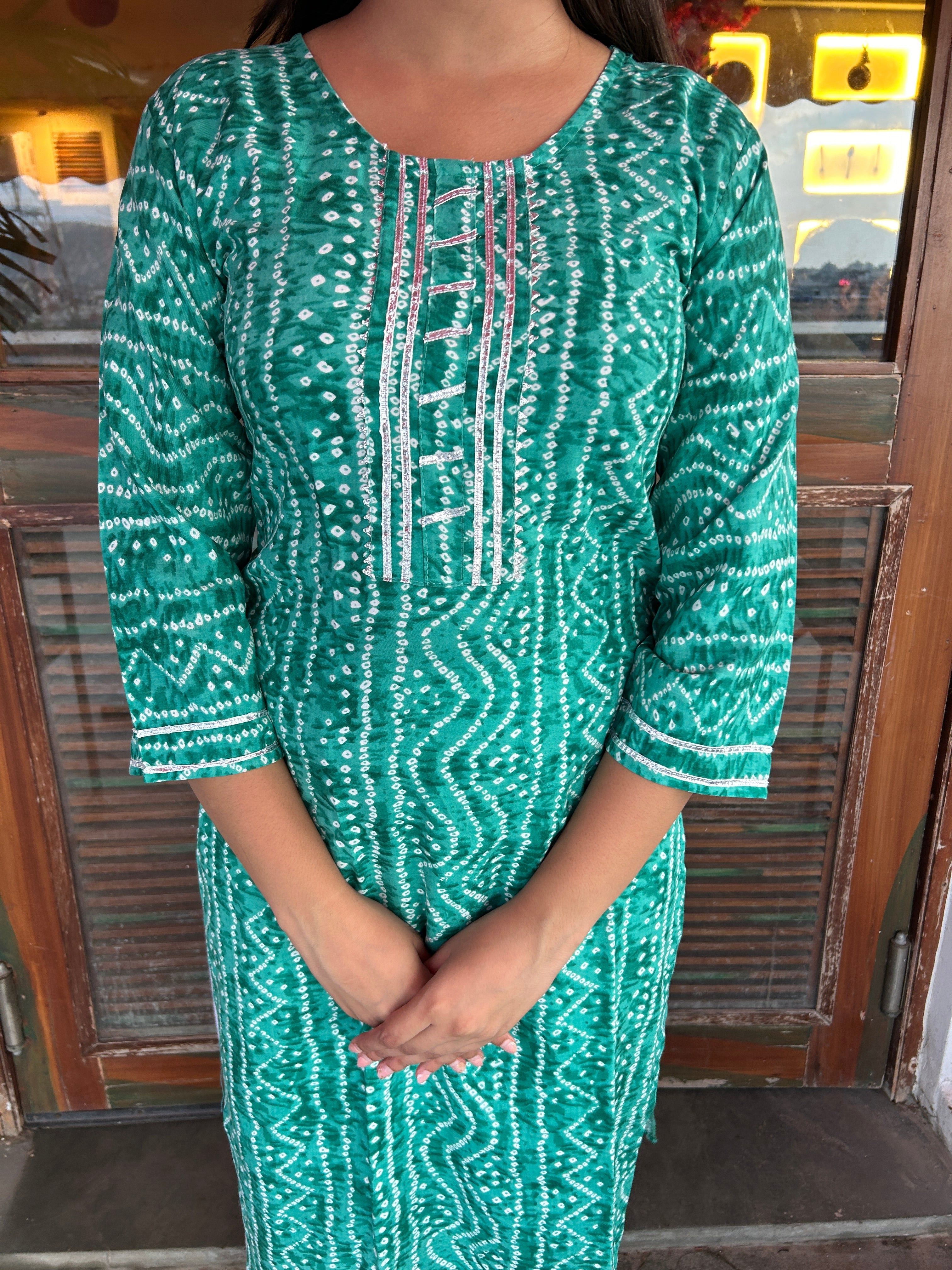 Light Green Bandhej Aaina Kurti