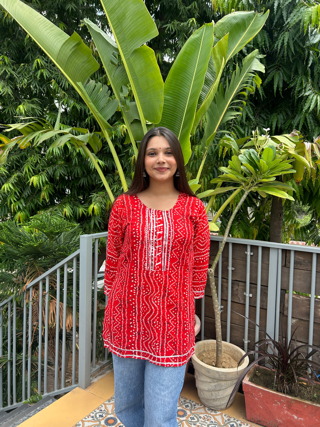 Red Bandhej Noorani Kurti