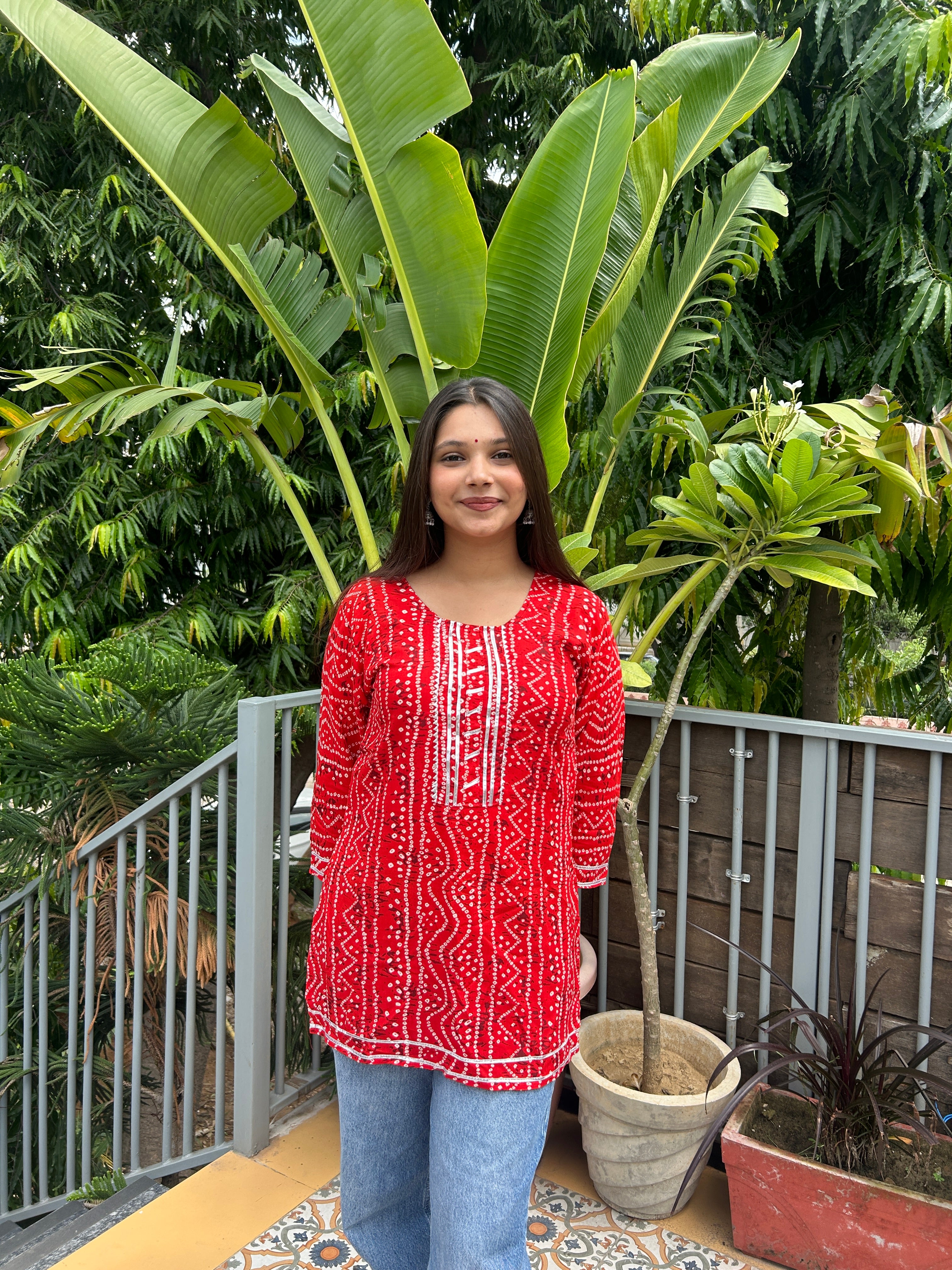 Red Bandhej Noorani Kurti