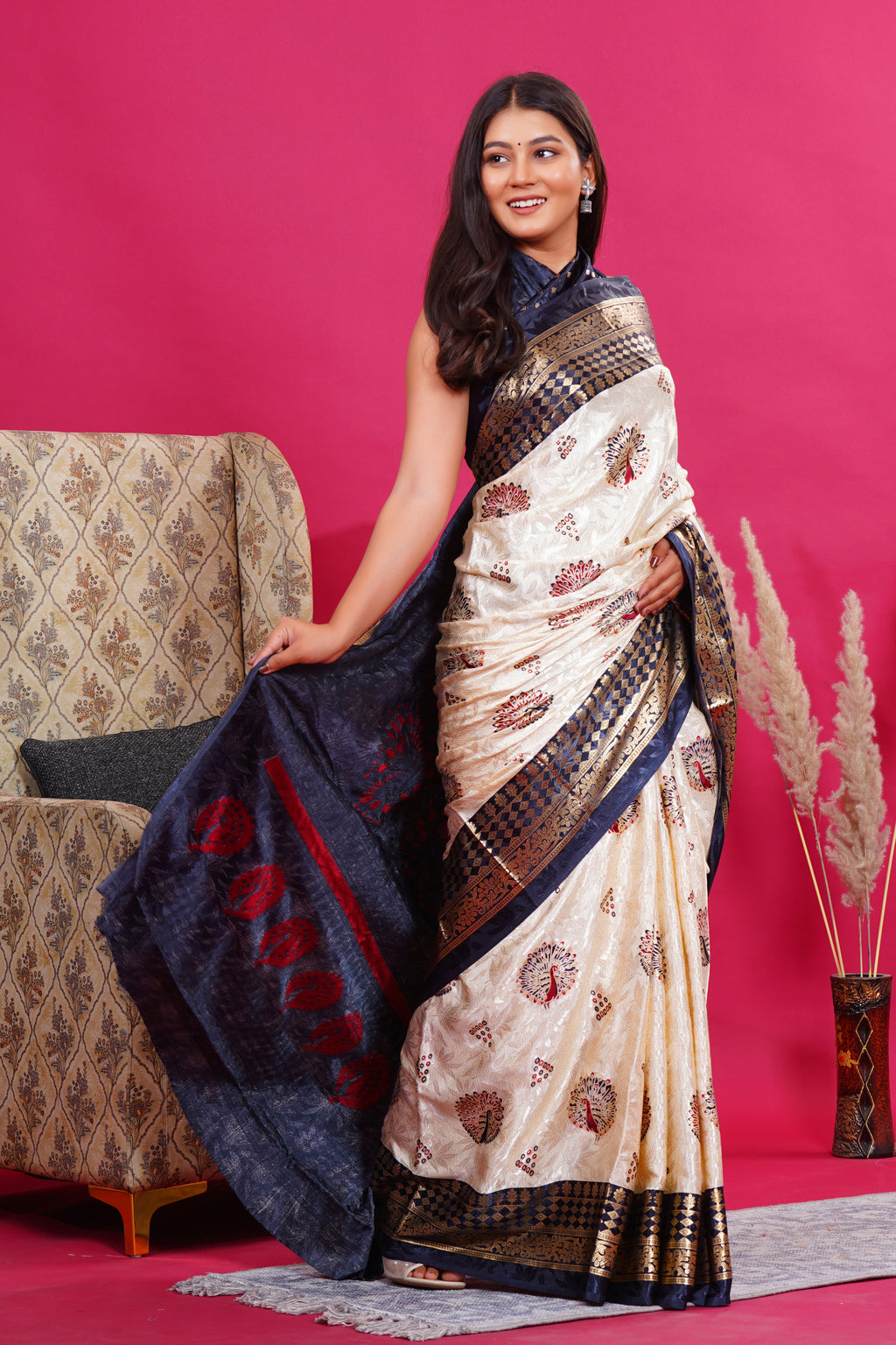 Black Golden Peacock Saree