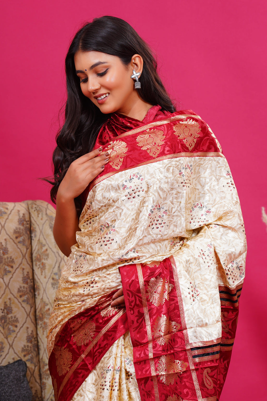 Maroon Golden Kalash Peacock Silk Saree