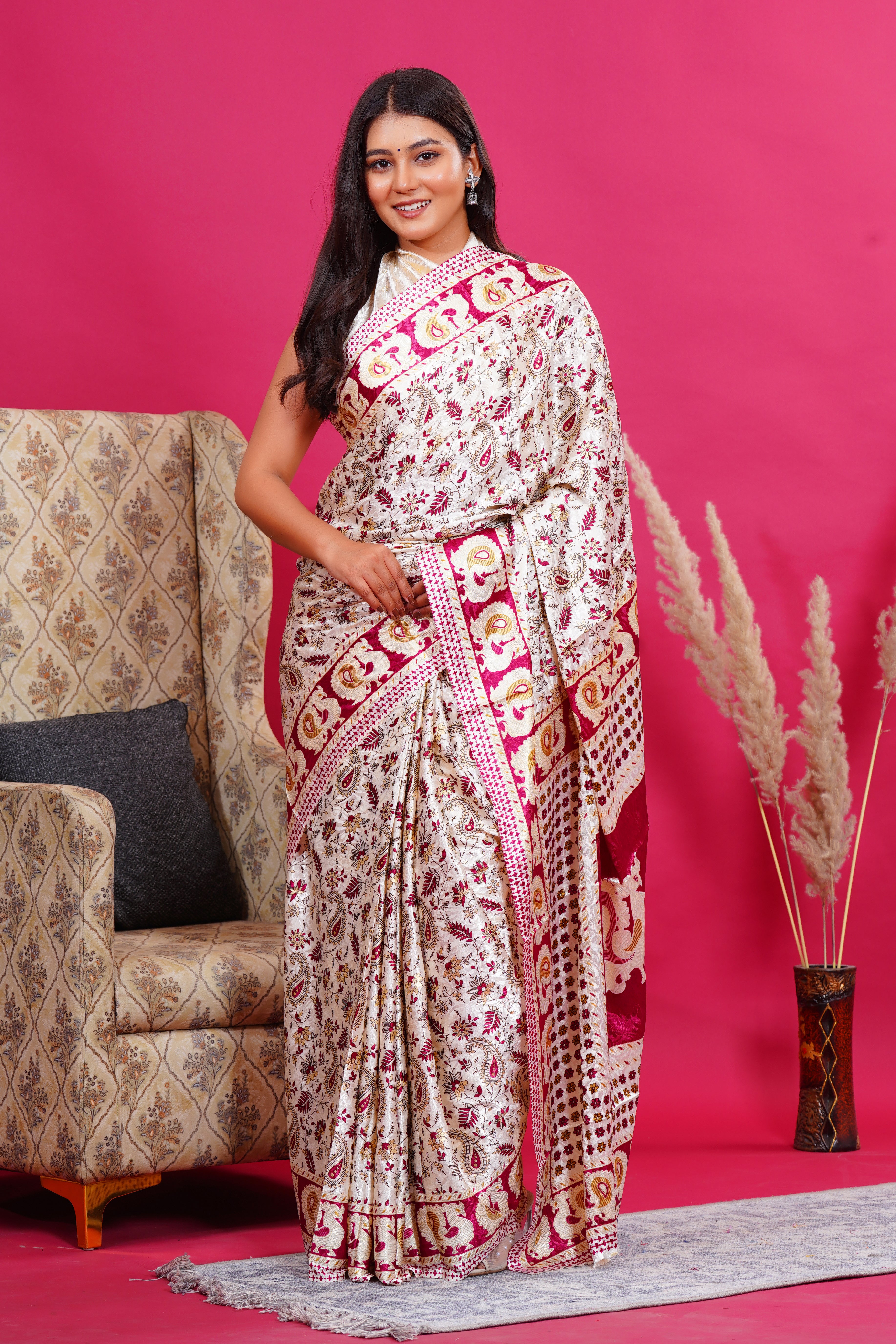Pink Golden Floral Peacock Silk Saree