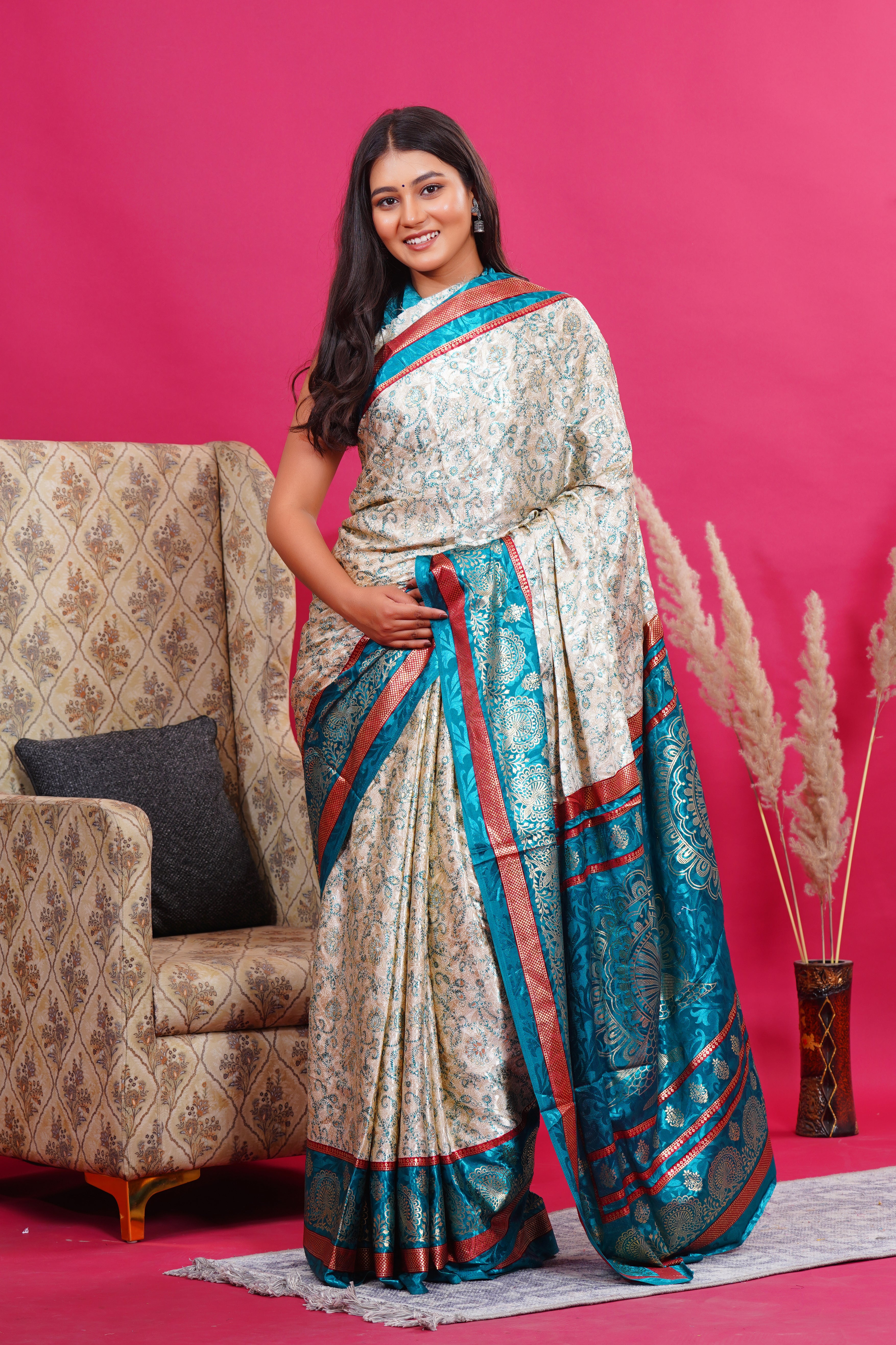 Green Golden Flower Peacock Silk Saree