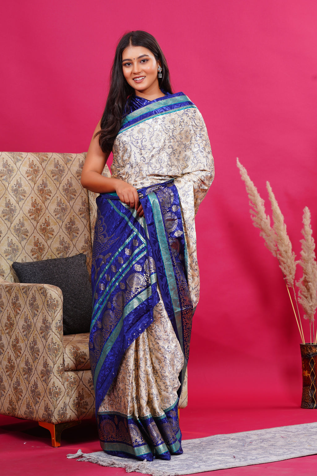 Blue Golden Flower Peacock Silk Saree