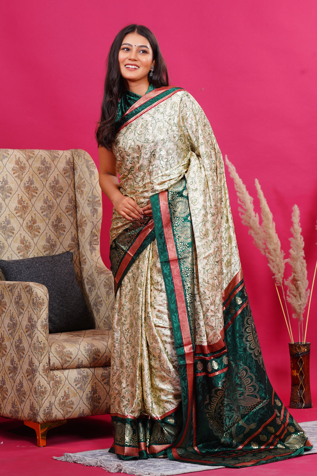 Dark Green Golden Flower Peacock Silk Saree