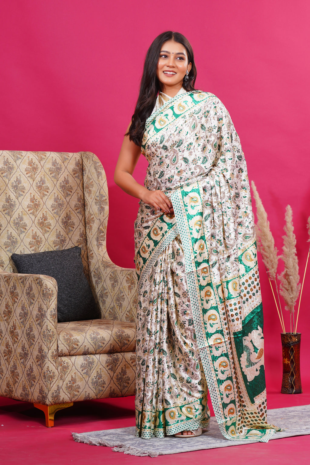 Green Golden Floral Peacock Silk Saree