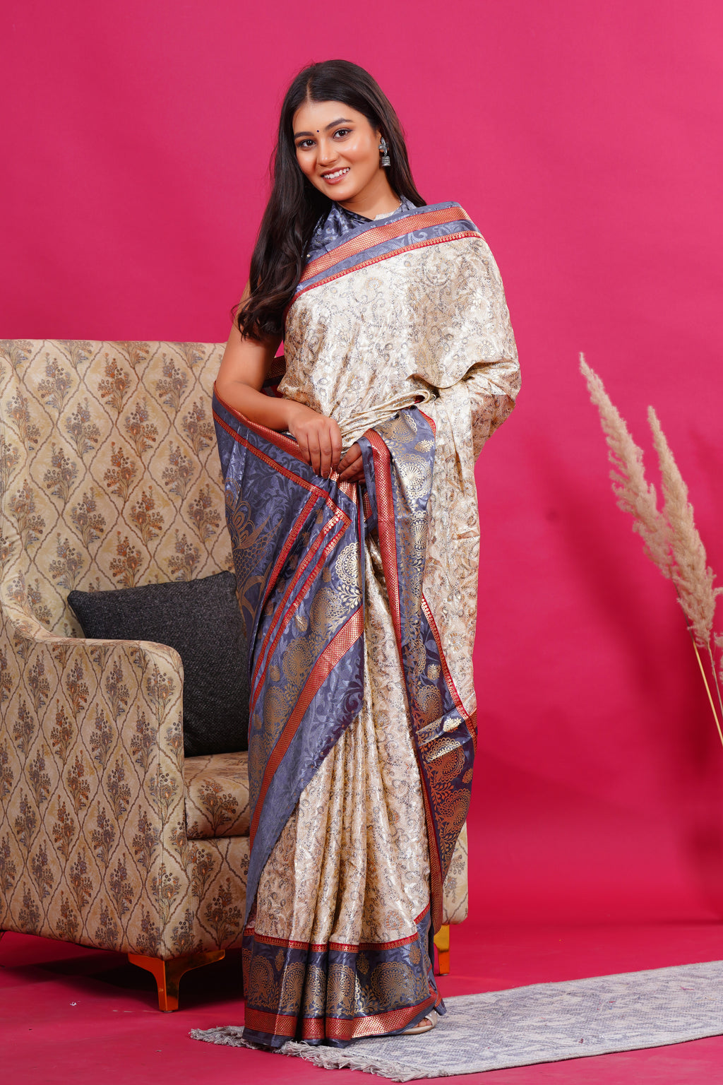 Grey Golden Flower Peacock Silk Saree