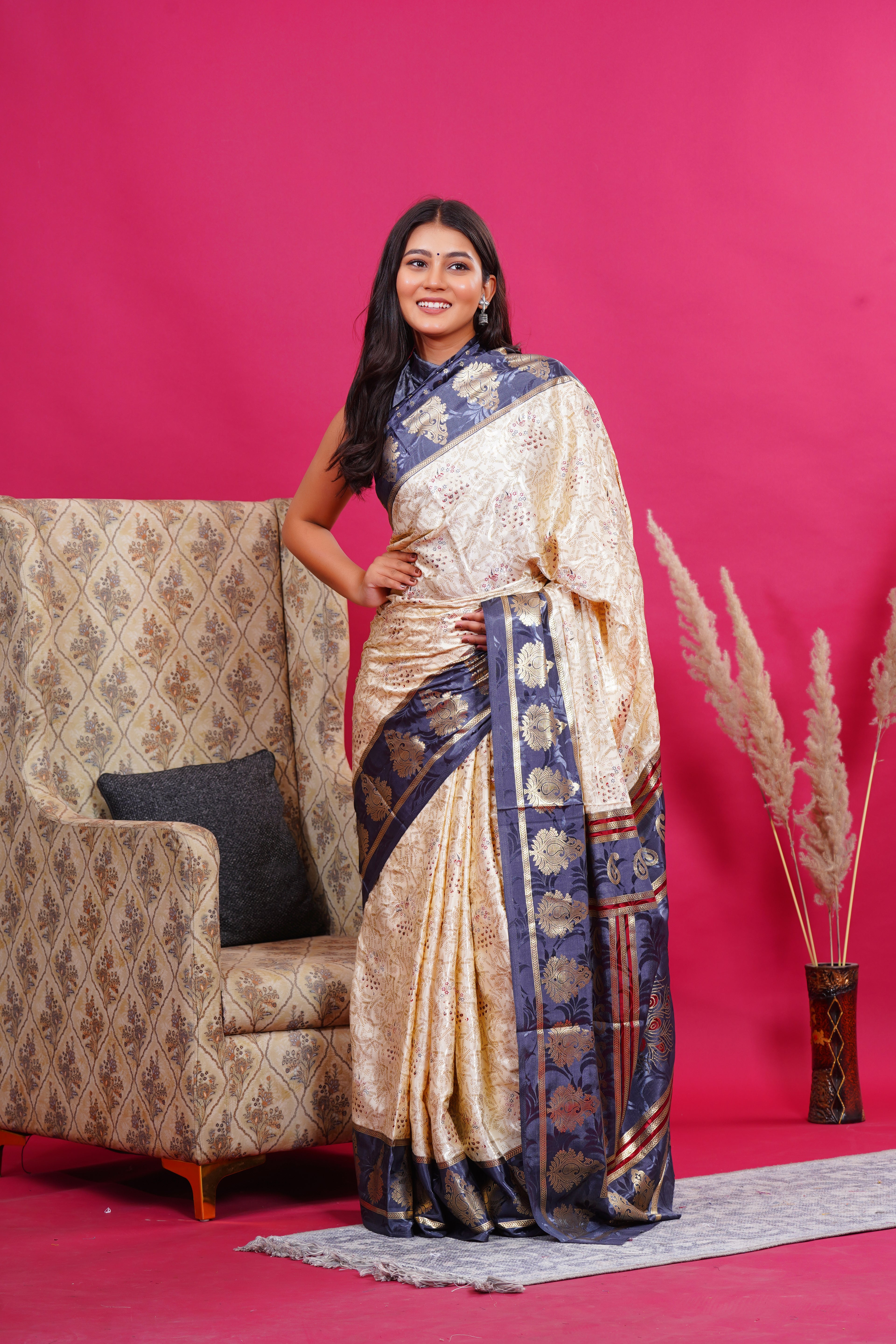 Grey Golden Kalash Peacock Silk Saree