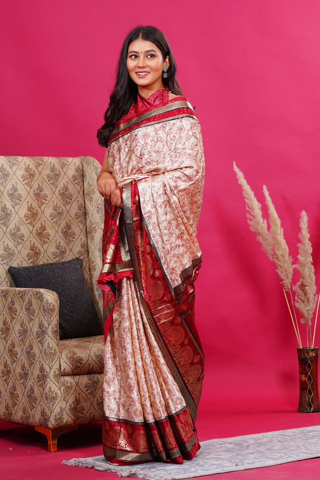 Maroon Golden Flower Peacock Silk Saree