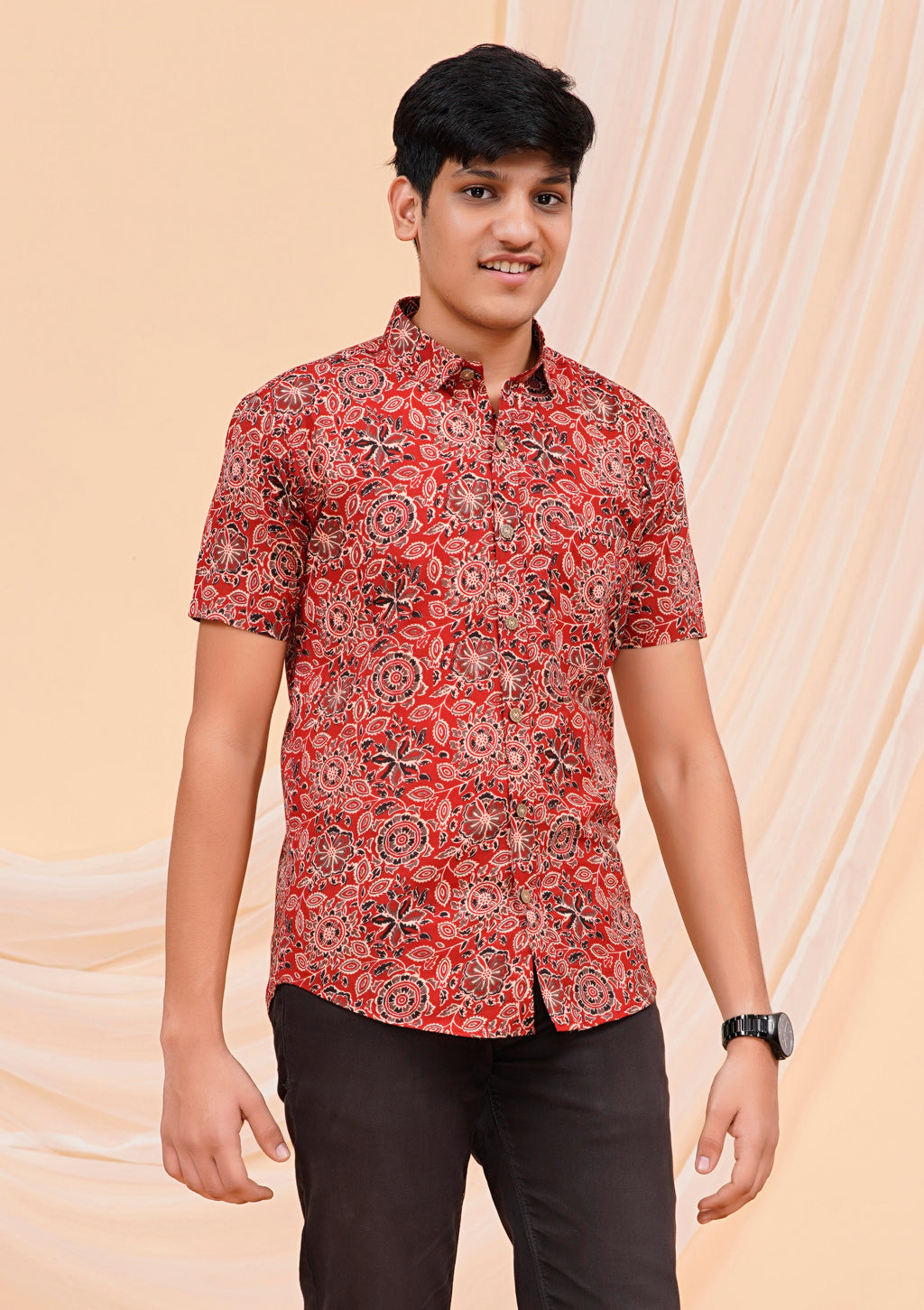 Maroon Ajrakh Jaal Half Sleeves Shirt