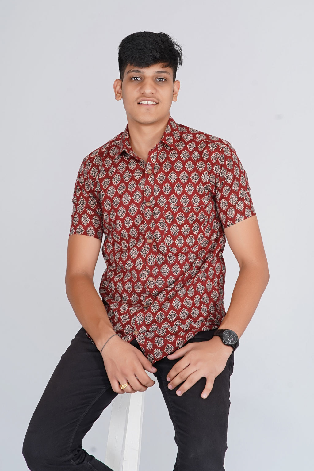 Maroon Ajrakh Tilak Half Sleeves Shirt