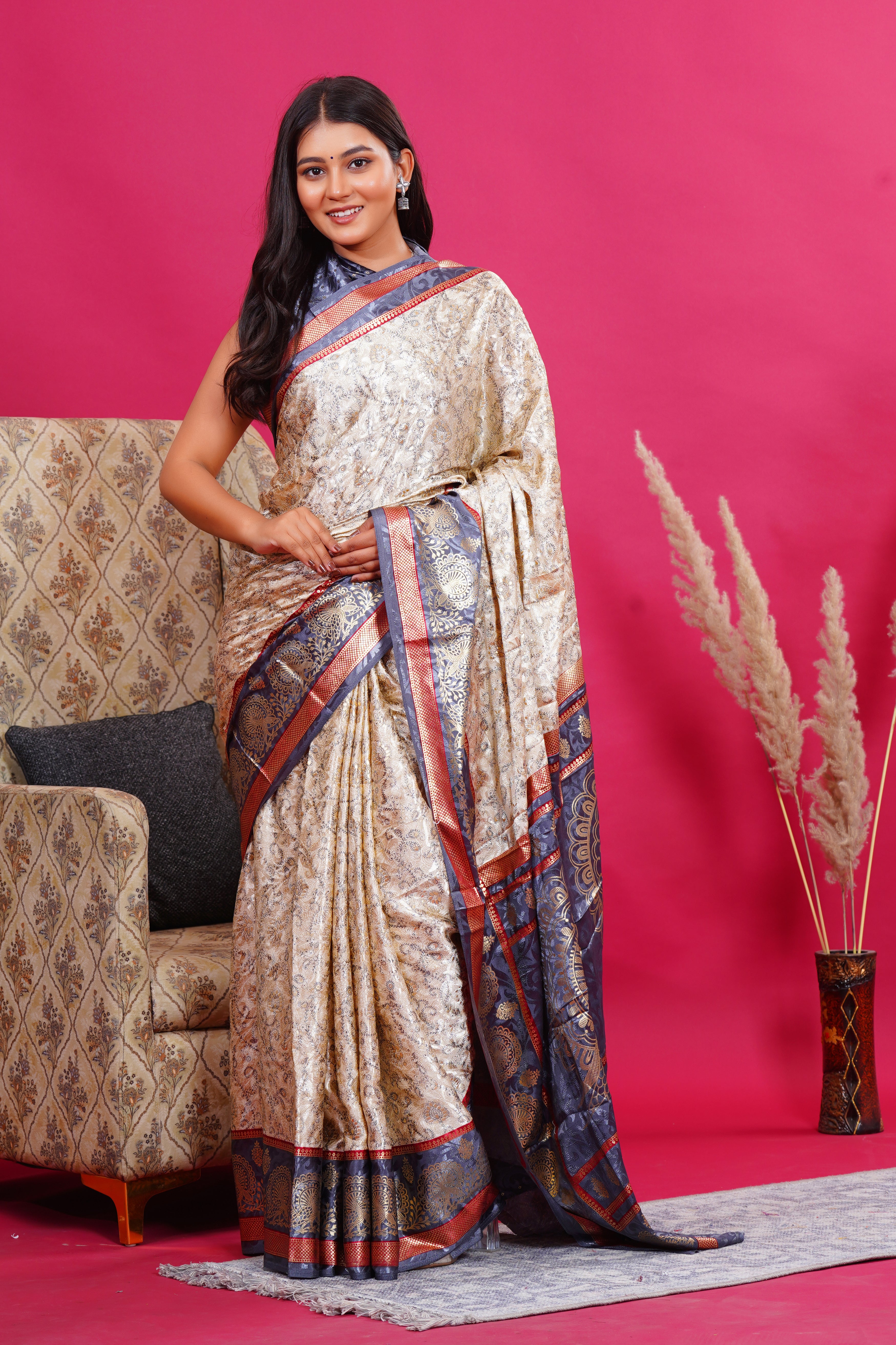 Grey Golden Flower Peacock Silk Saree