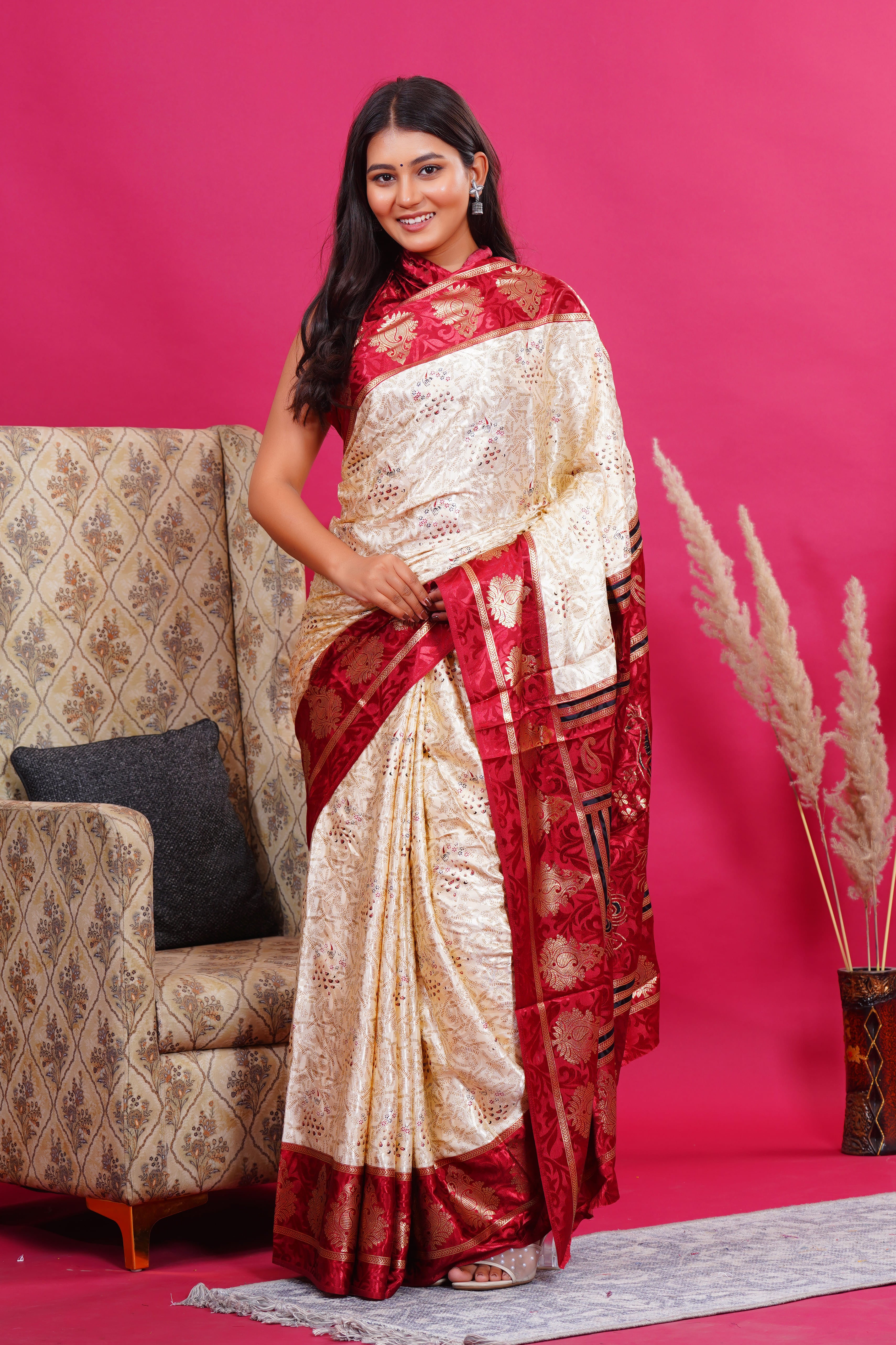 Maroon Golden Kalash Peacock Silk Saree